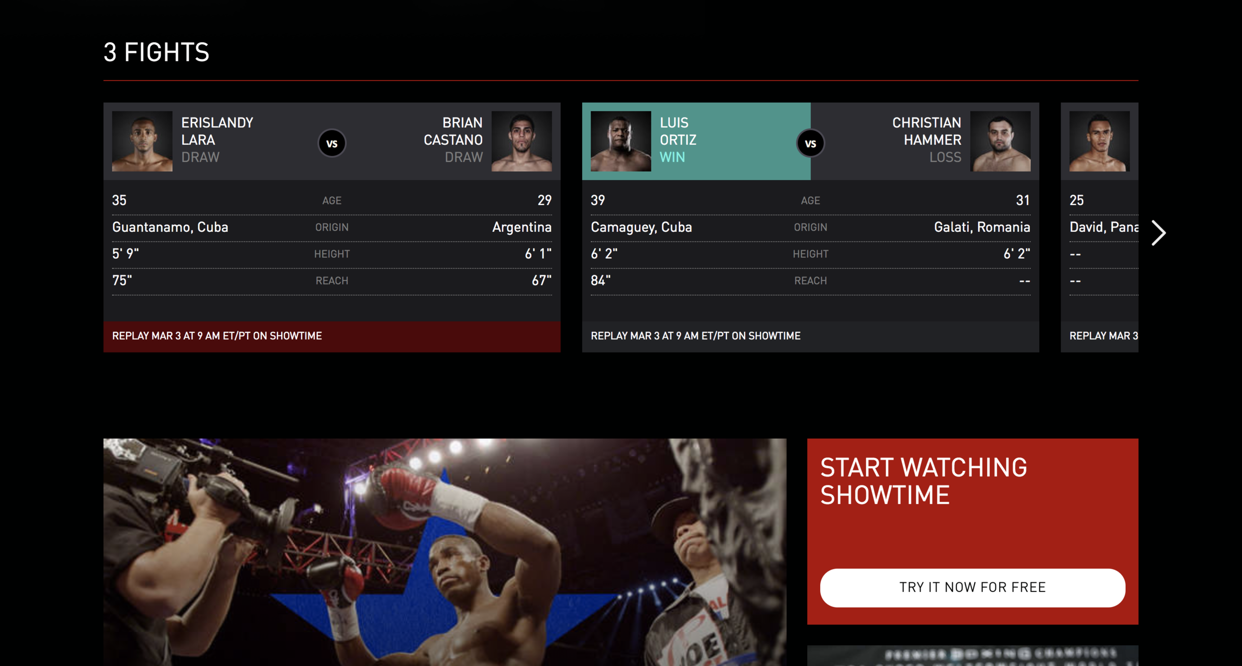 Screenshot of Lara vs. Castano page on Sho.com