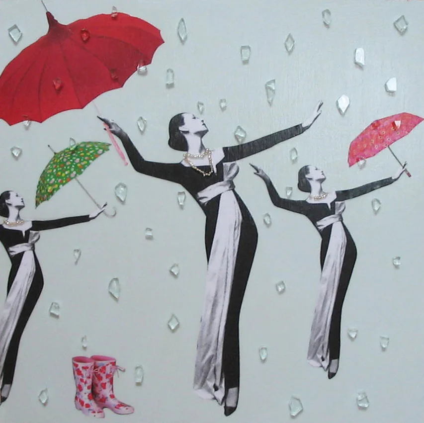 Collage using magazine clippings and found objects: It Rained Almost Every Day In June (2009)
