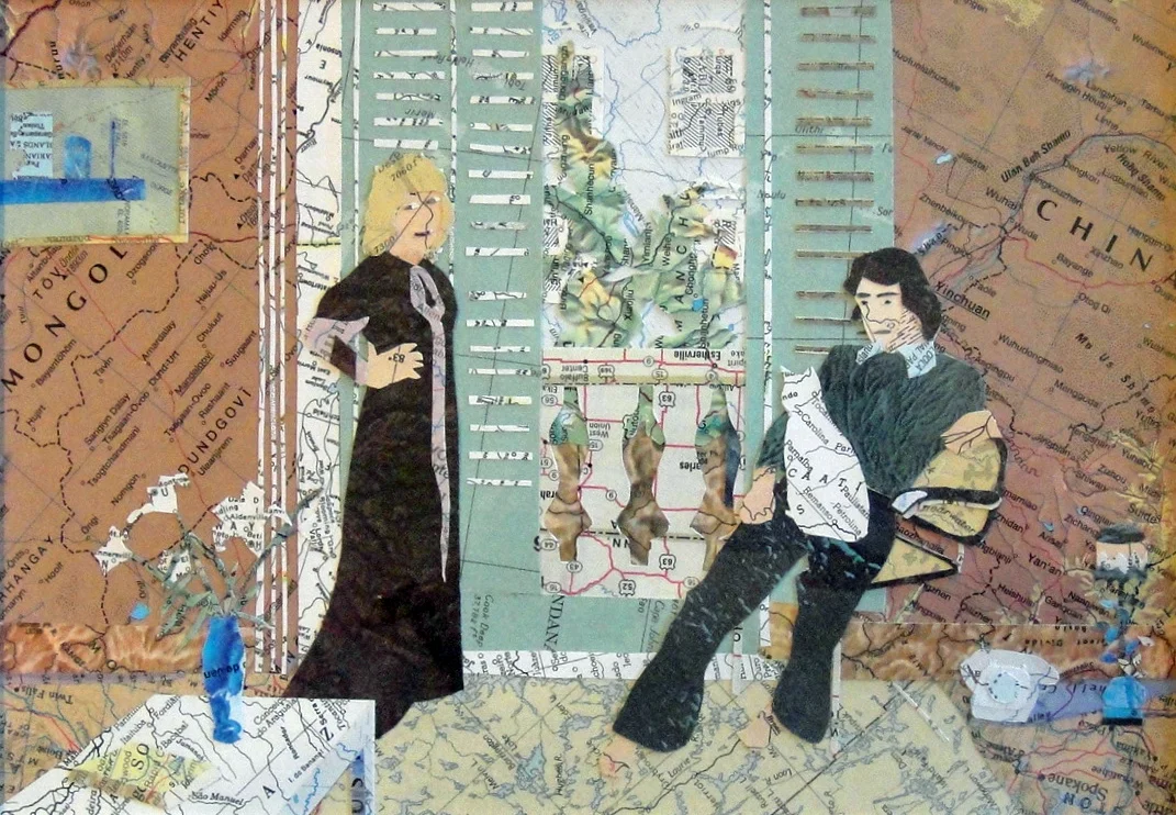 Collage made from maps, based on the painting by Hockney: Mr. And Mrs. Clark And Percy (2013)