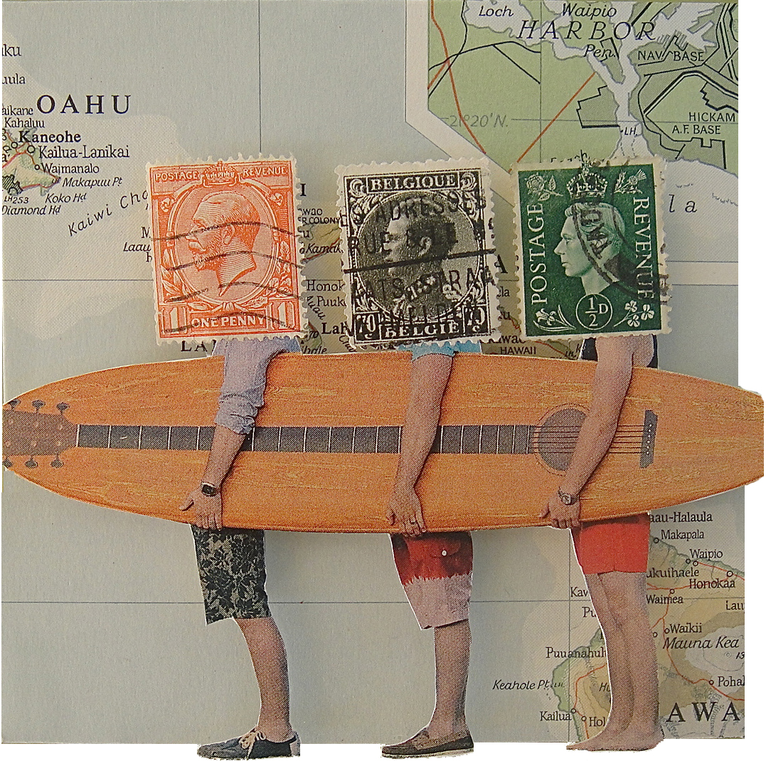 Collage Made From Maps, Magazine Clippings and Postage Stamps Sian Robertson Aloha Friday