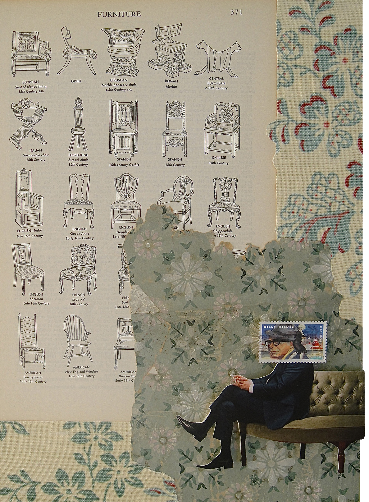 Collage Made From Old Books, Vintage Fabric And Wallpaper, Magazine Clippings and Postage Stamps Sian Robertson Seating Arrangement