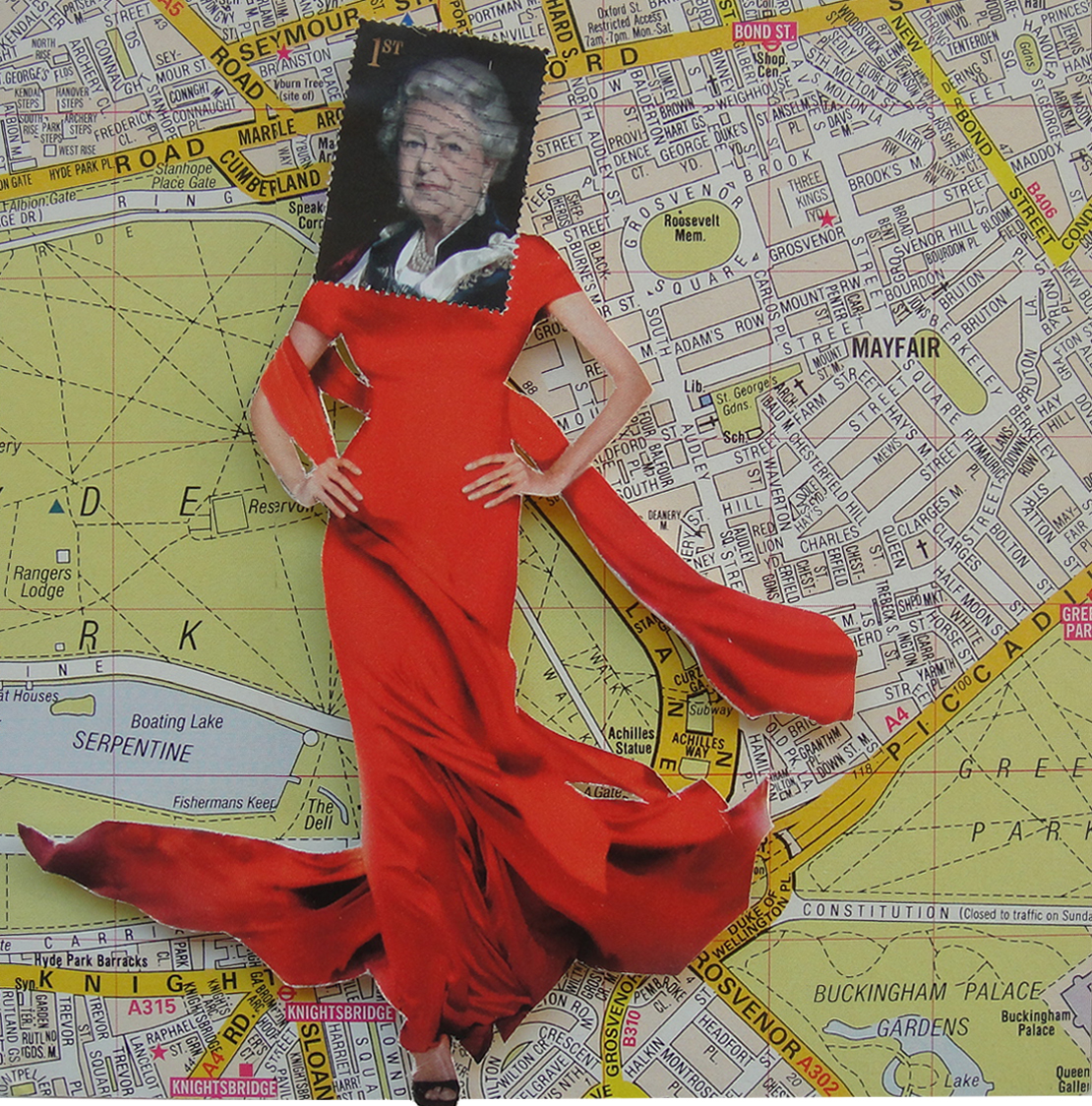 Collage Made From Maps, Magazine Clippings and Postage Stamps Sian Robertson Queen's Walk