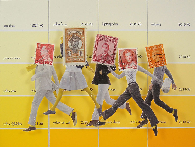 Collage Made From Magazine Clippings and Postage Stamps Sian Robertson Yellow Freeze