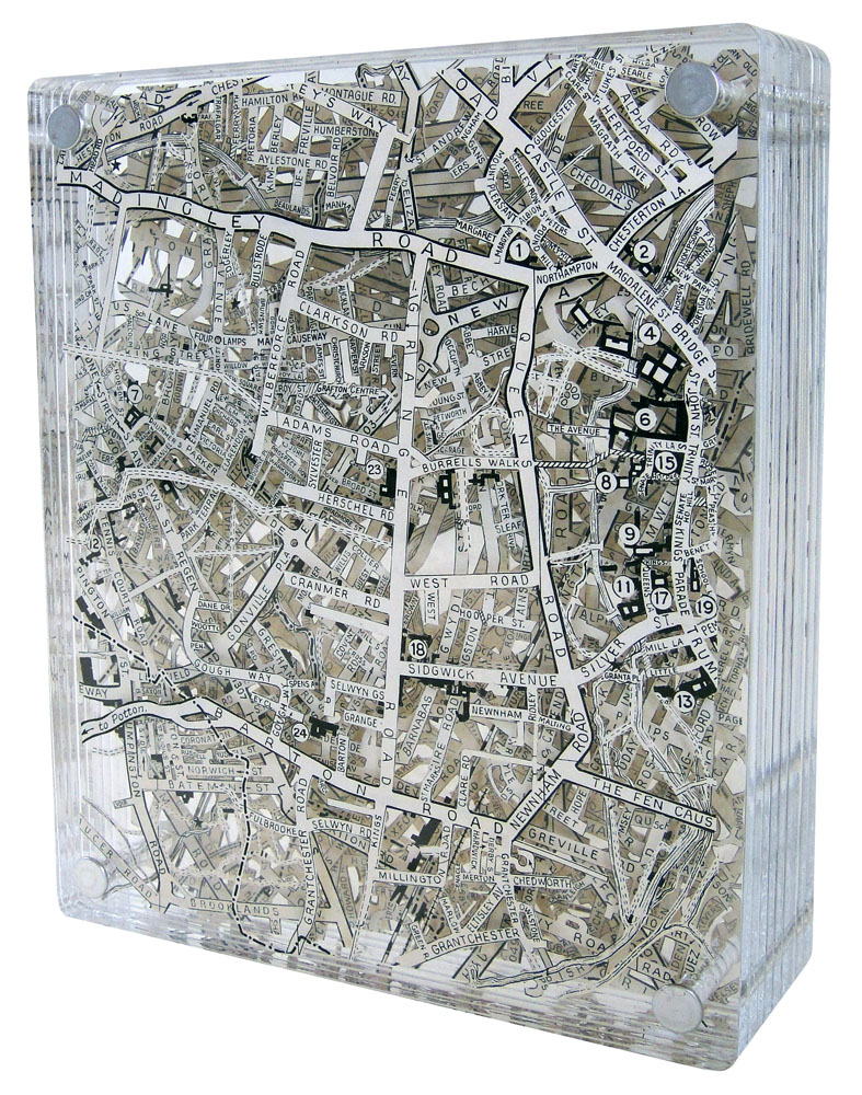A Place to Think, 2019, Excavated Vintage Map, Acrylic, and Metal, 8Hx6.75Wx2D