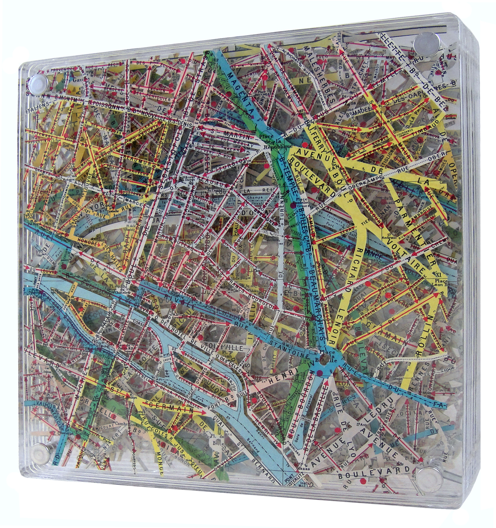 Sens Unique, 2019, Excavated Vintage Map, Acrylic, and Metal, 7.75Hx7.75Wx2.75D (Sold)