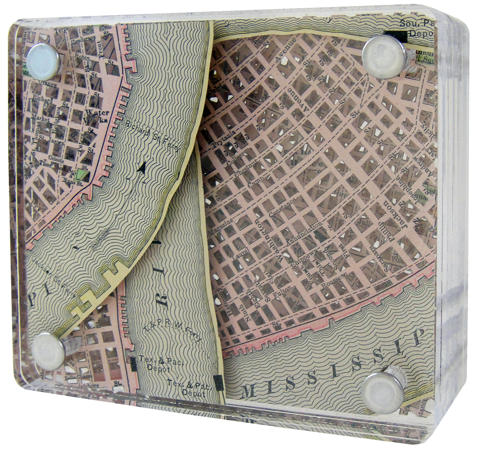 The Big Easy, 2019, Excavated Vintage Map, Acrylic, and Metal, 4Hx4.5Wx1.5D