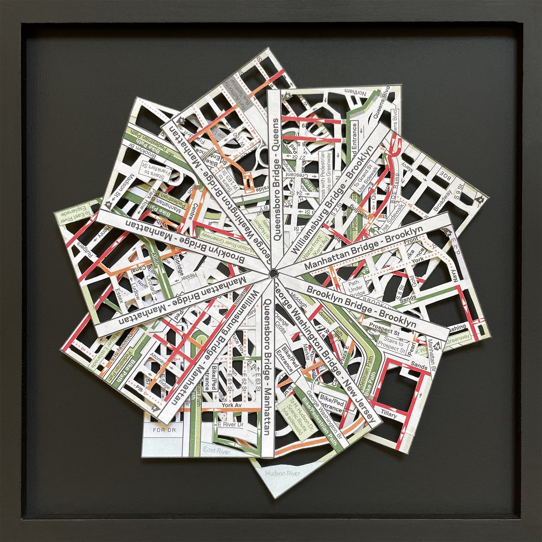 Bike Lanes Over Bridges, 2022, Vintage Map, 6x6x.75 (sold) (click on image to see all available pieces in this series)