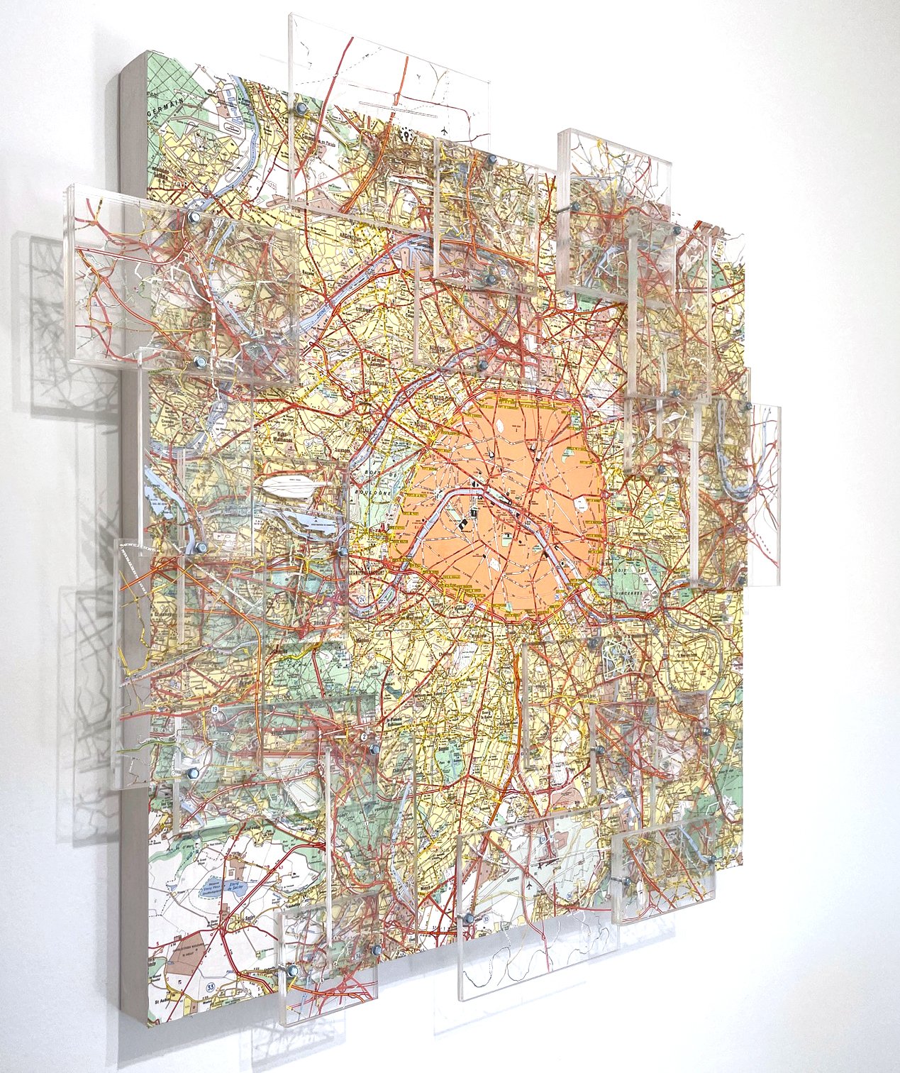 The Ever Present River, 2023, Hand Cut Map, Acrylic, Metal on Panel, 28H x 28W (Sold)