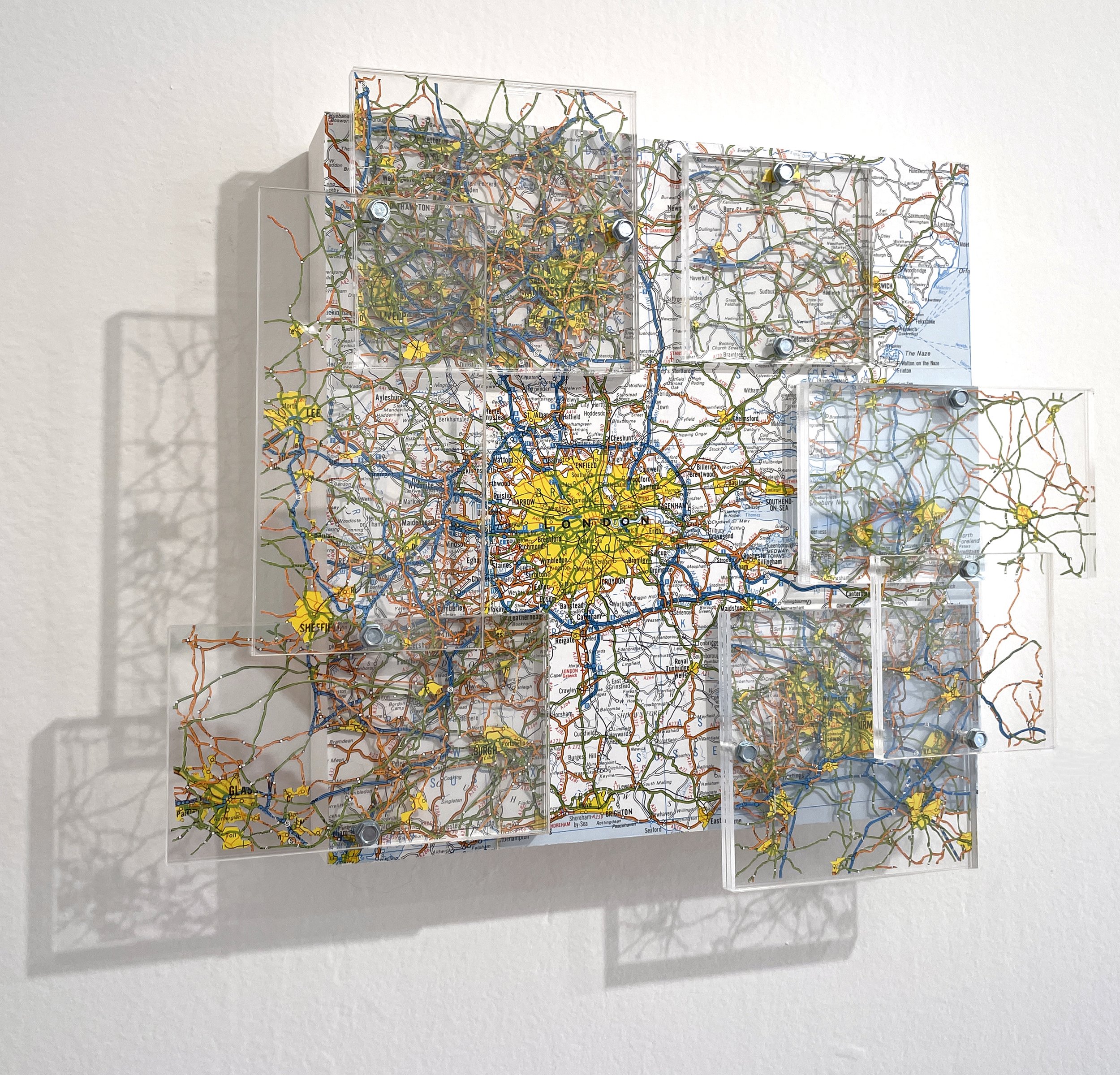 All Roads Lead to London, 2023, Hand Cut Map, Acrylic, Metal on Panel, 11.5H x 14W