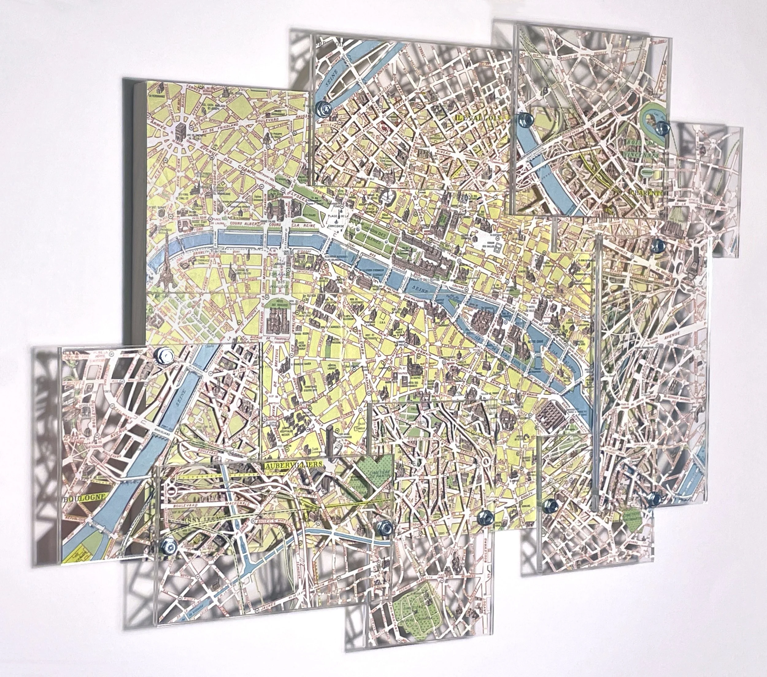 Bonjour, 2026, Hand Cut Map, Acrylic, Metal on Panel, 12.75H x 15.75W