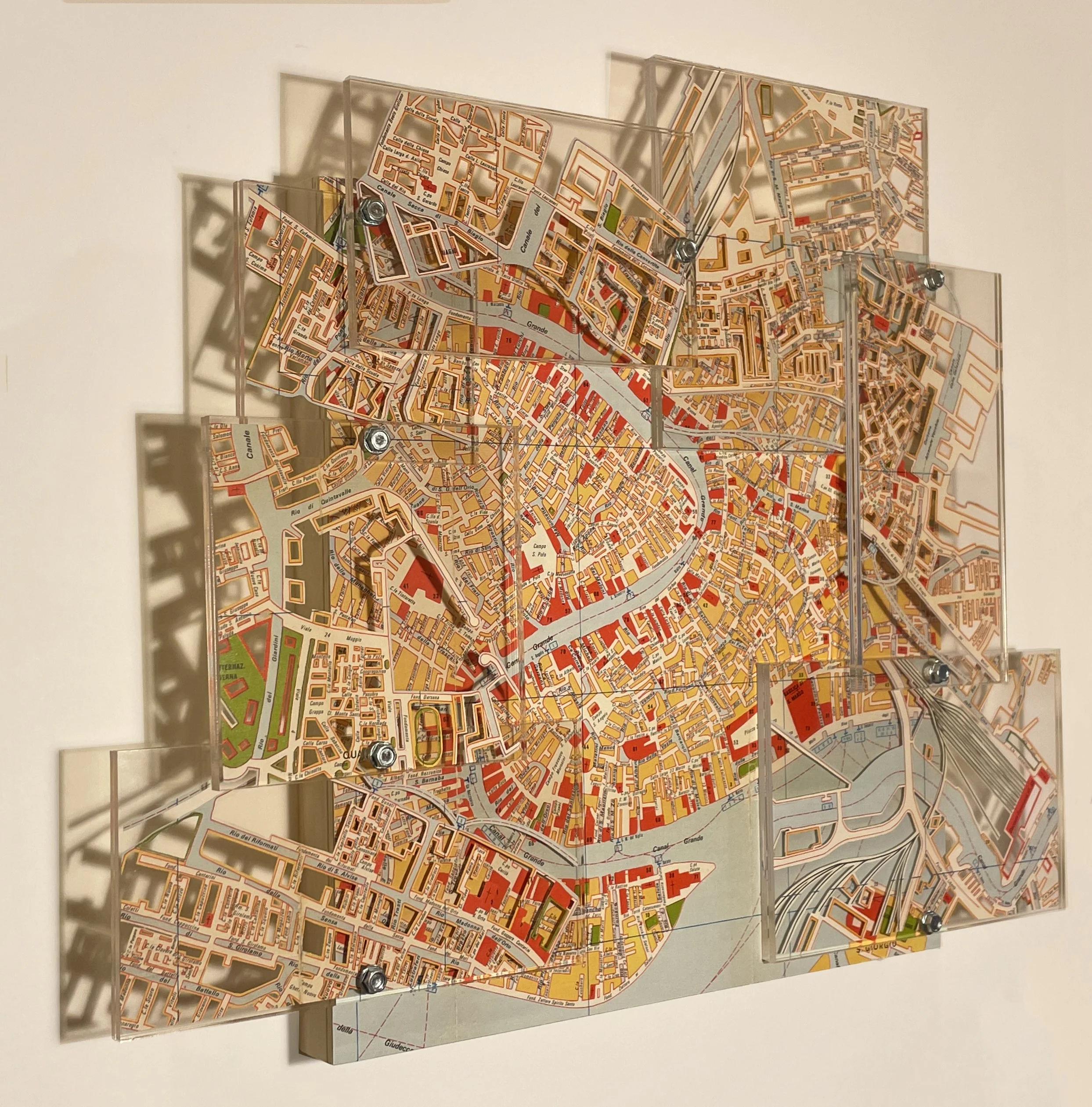 Canal Grande, 2026, Hand Cut Map, Acrylic, Metal on Panel, 12H x 15W