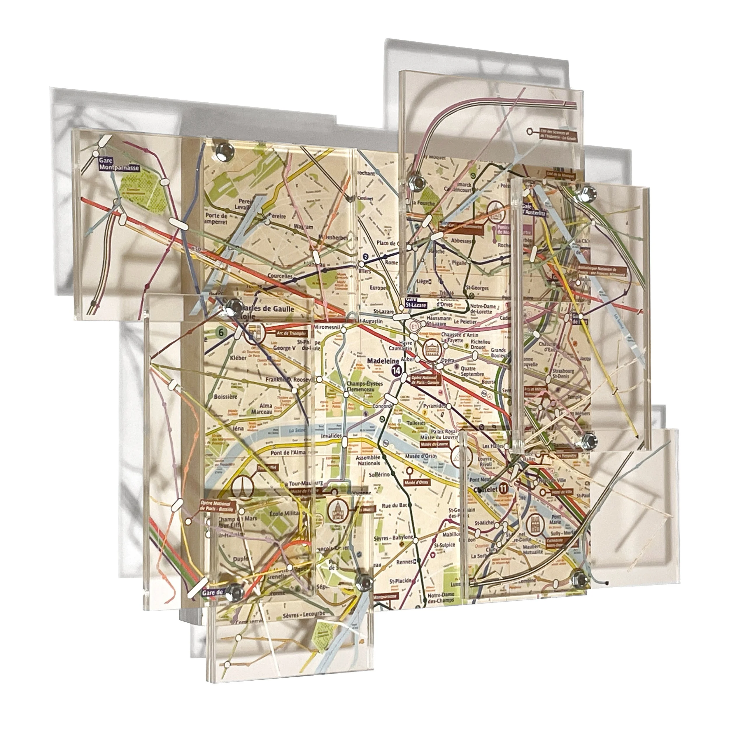 Le Metro, 2026, Hand Cut Map, Acrylic, Metal on Panel, 10.25H x 12.25W