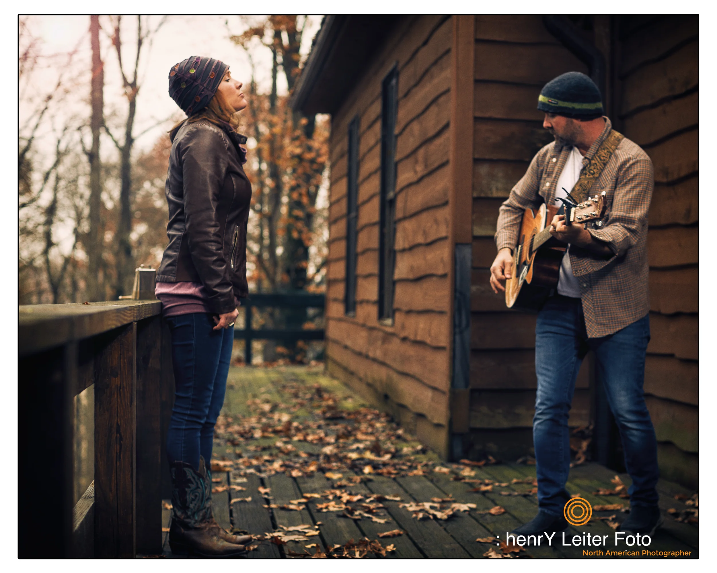 Courtney DeCosky and Jeffrey Williams performing on their deck in Gambier, Ohio by photographer henrY Leiter.