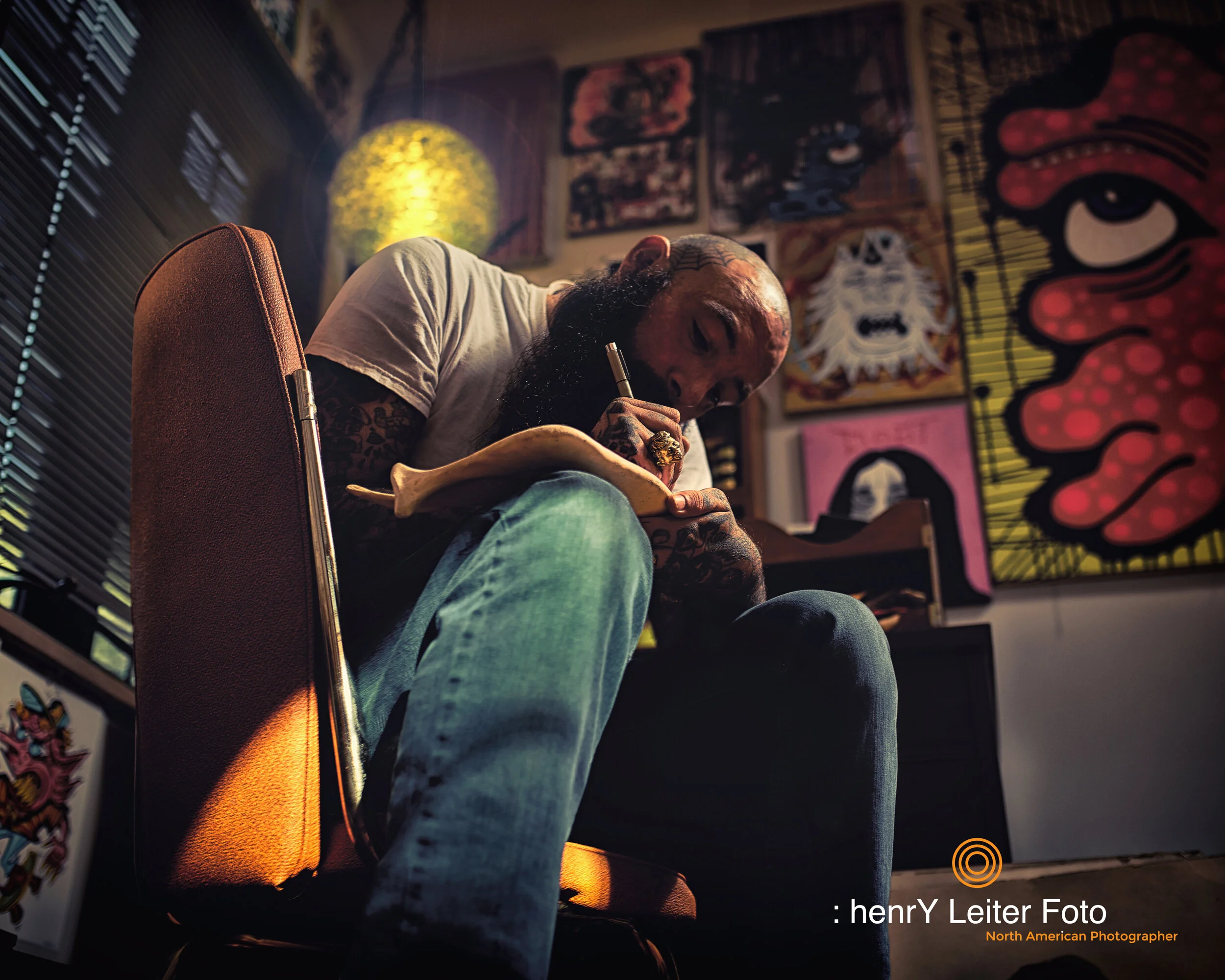 Portrait of the artist Chris Collins in Cleveland, Ohio by photographer henrY Leiter.