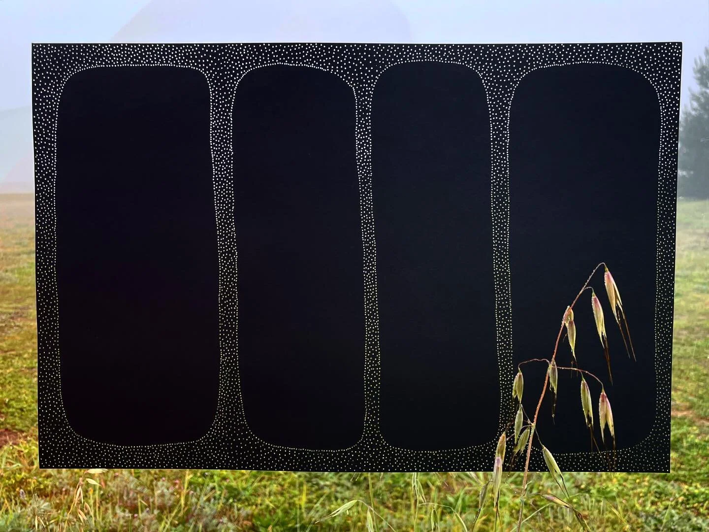 works on paperπΎdrawings for a window 
ID: a sheet of black paper floats in front of a foggy field of grass. four black rounded rectangles hover in the center of the page. tiny holes pierced through the paper fill in the space between the four black