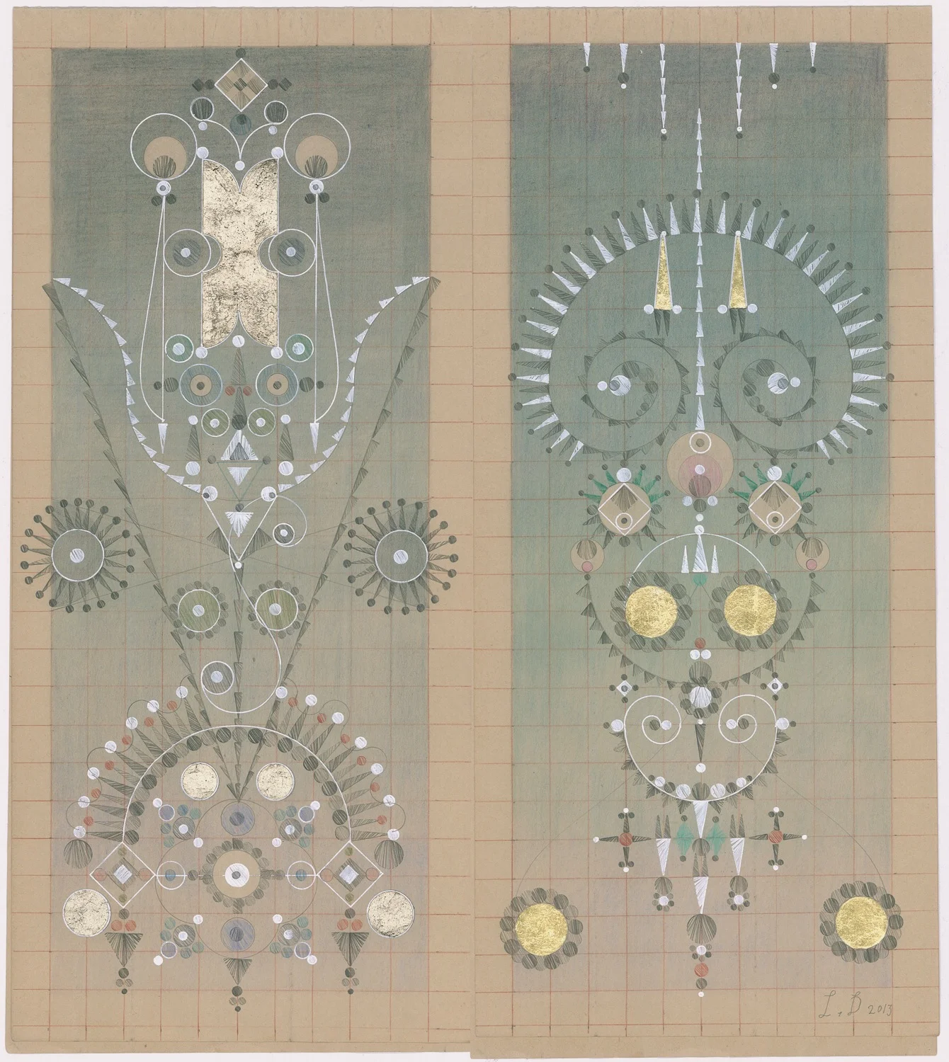 Constellation Symptom No. 17, Colored Pencil, Graphite, Gold Leaf on Antique Ledger Book Pages. 13.5 x 12.25 inches