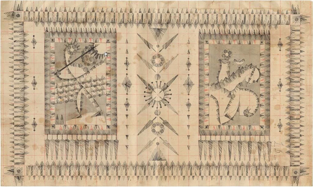 The Fool, Colored Pencil and Graphite on Antique Ledger Book Pages. 9.5 x 15.5 inches