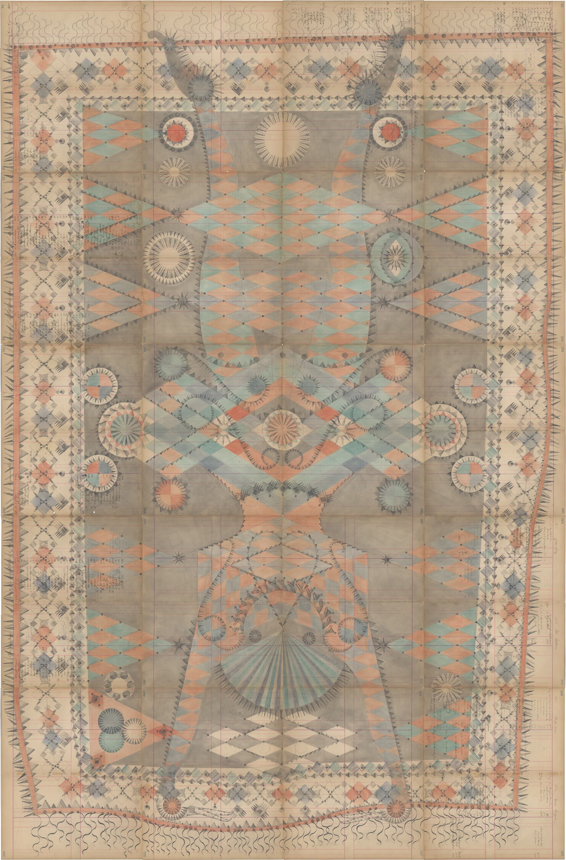 Jester Inversion, Colored Pencil and Graphite on Antique Ledger Book Pages. 82.5 x 54 