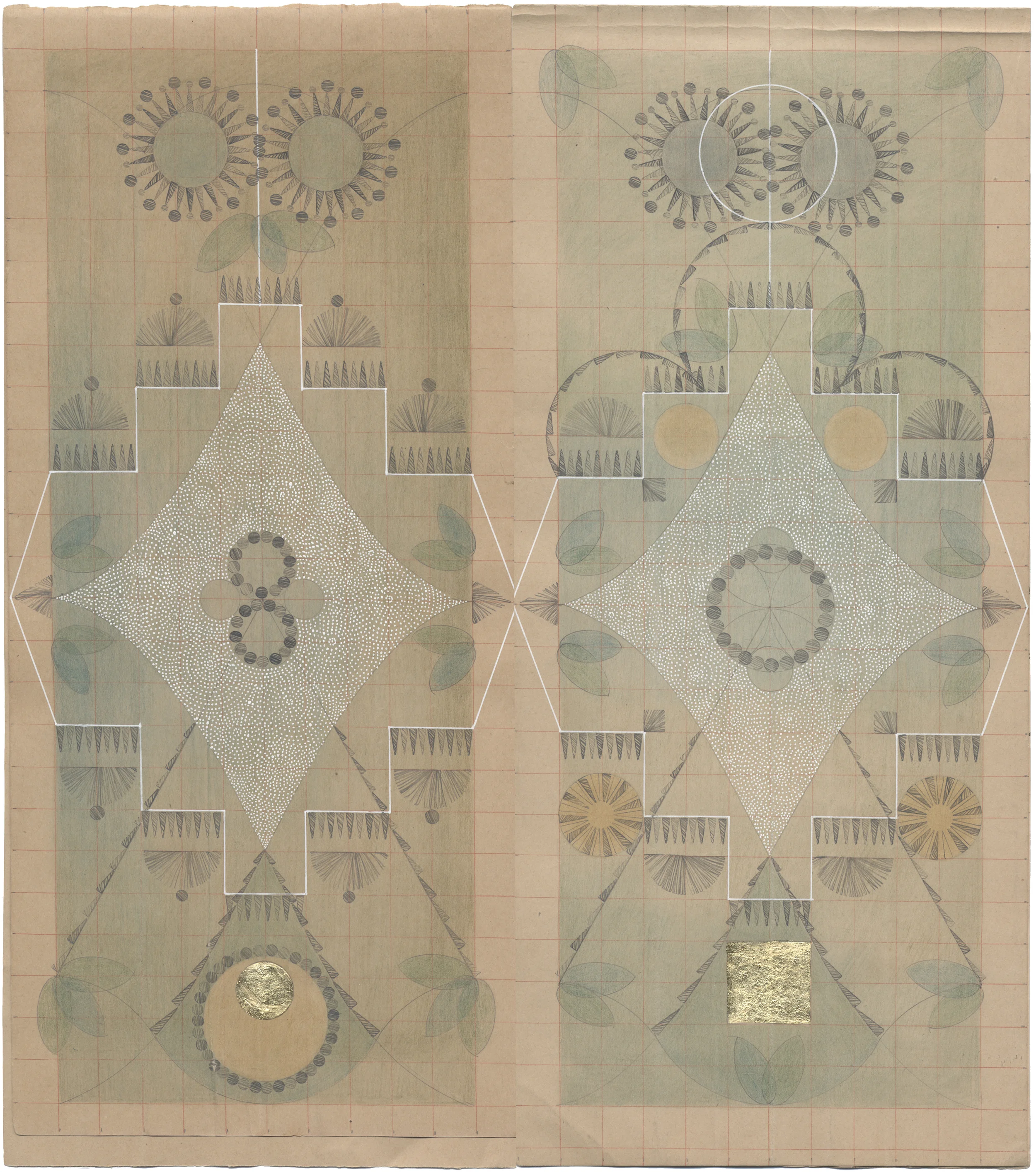 Dandelion Constellation I, Colored Pencil and Graphite on Antique Ledger Book Pages. 13.5 x 12.25 inches
