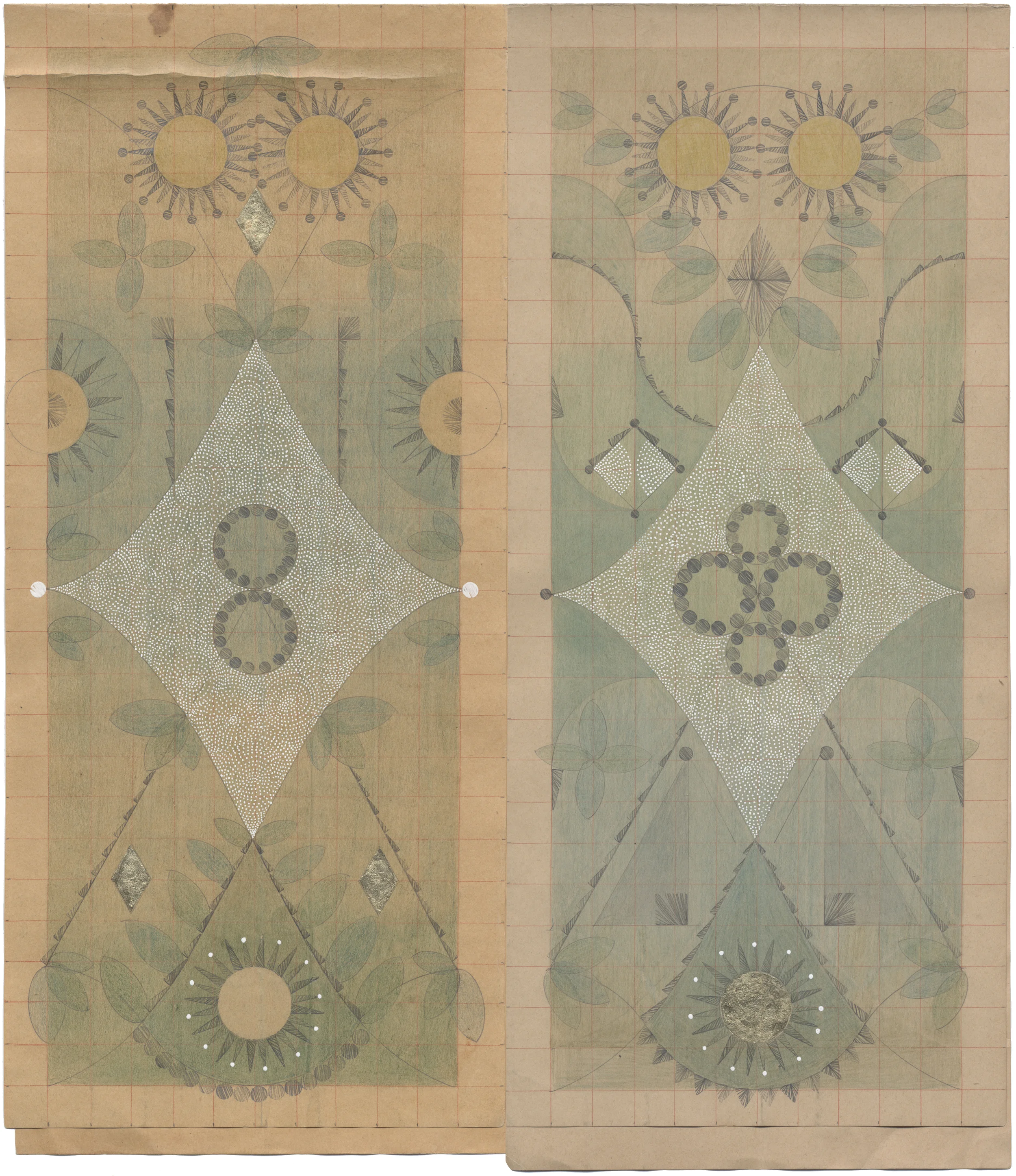 Dandelion Constellation III, Colored Pencil and Graphite on Antique Ledger Book Pages. 13.5 x12.25 inches