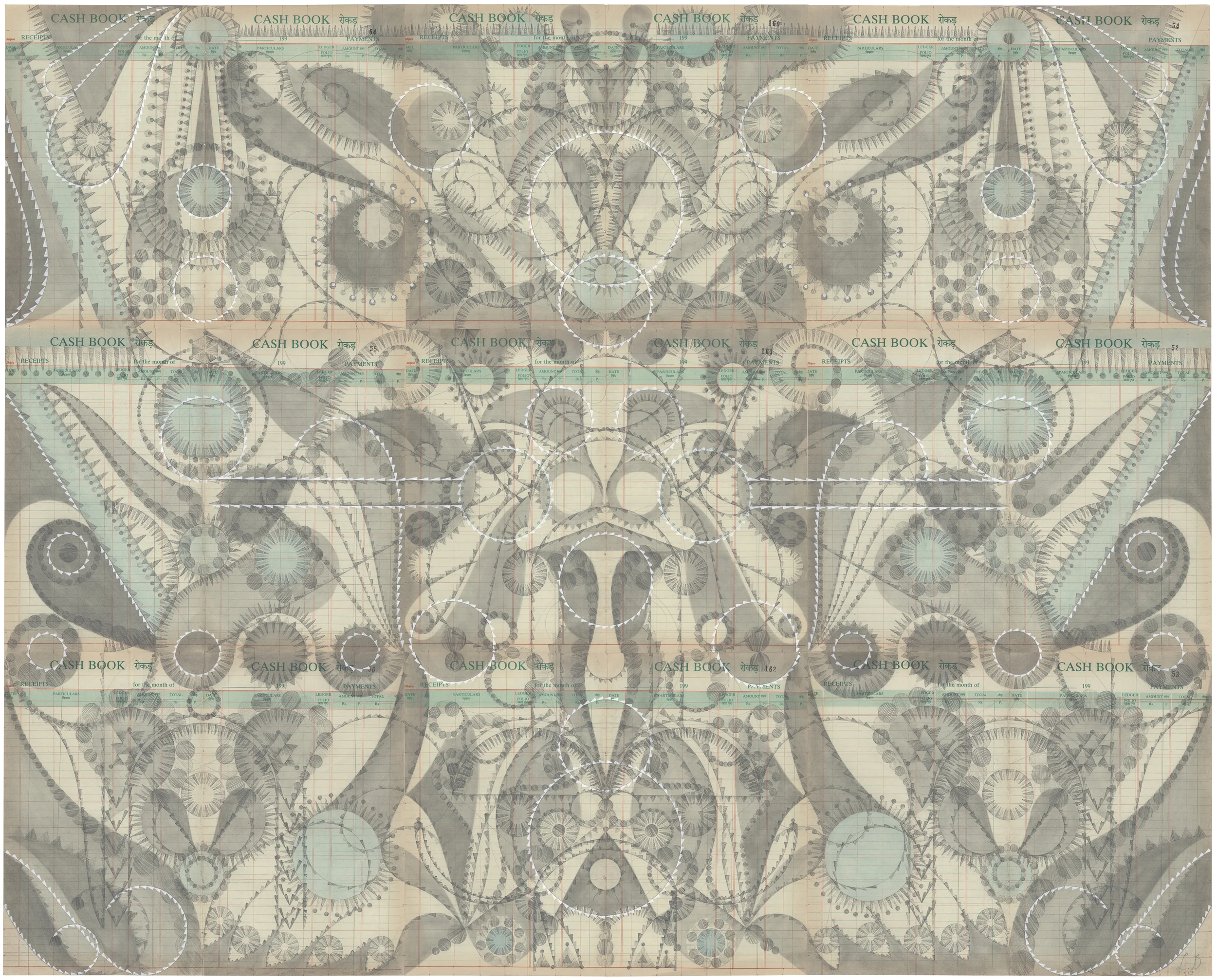 Green Glasses, Colored Pencil and Graphite on Antique Ledger Book Pages. 38.5 x 48 inches