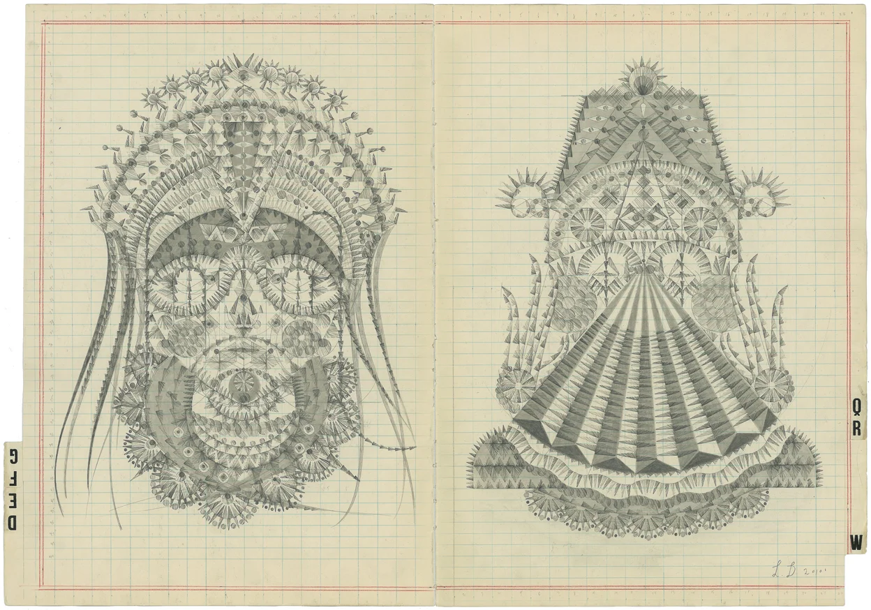 DEFG-QRW, Graphite on Antique Ledger Book Pages. 16 x 23 inches