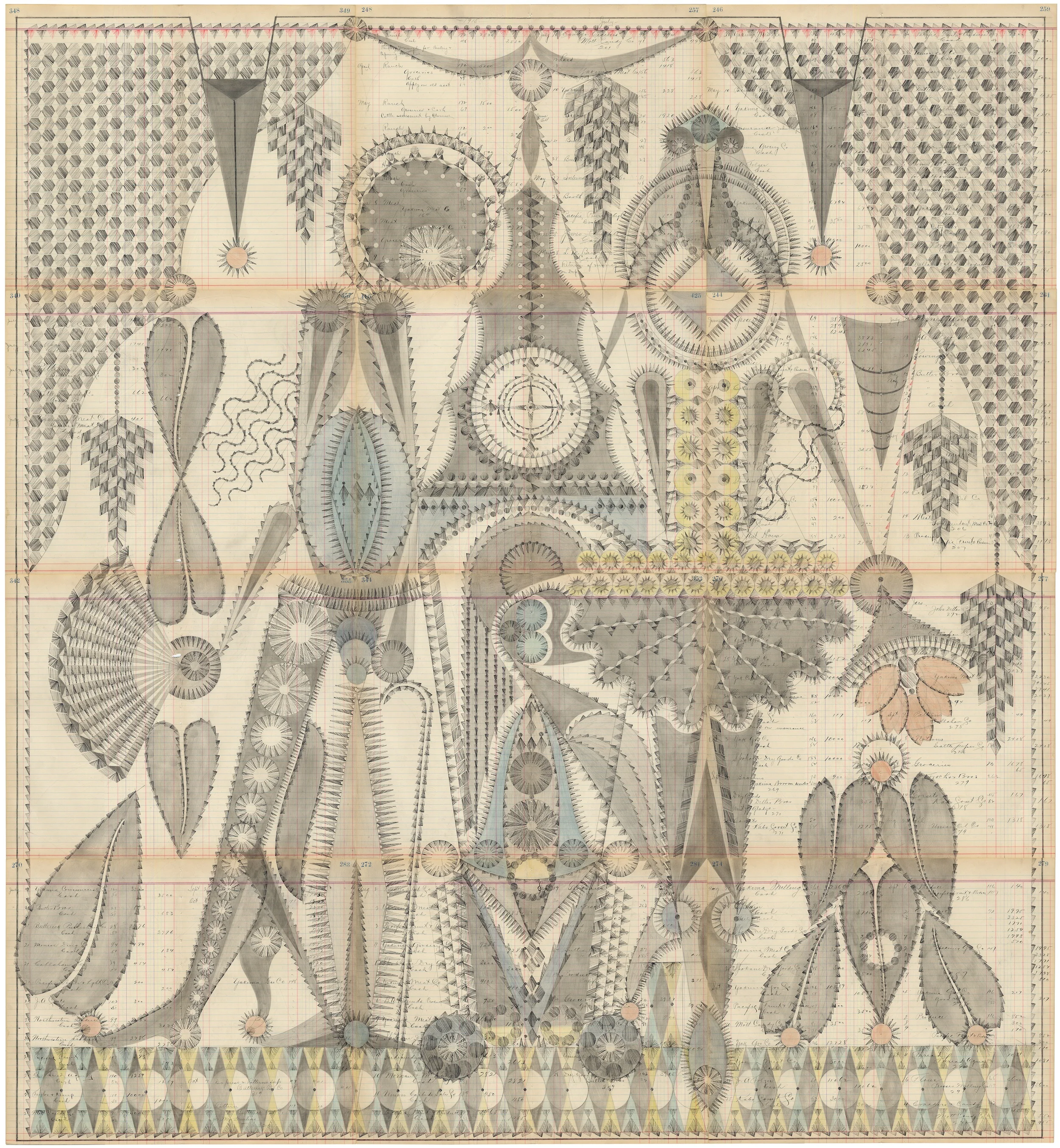 Couple With Clock Tower, Colored Pencil and Graphite on Antique Ledger Book Pages. 55 x 50.5 inches