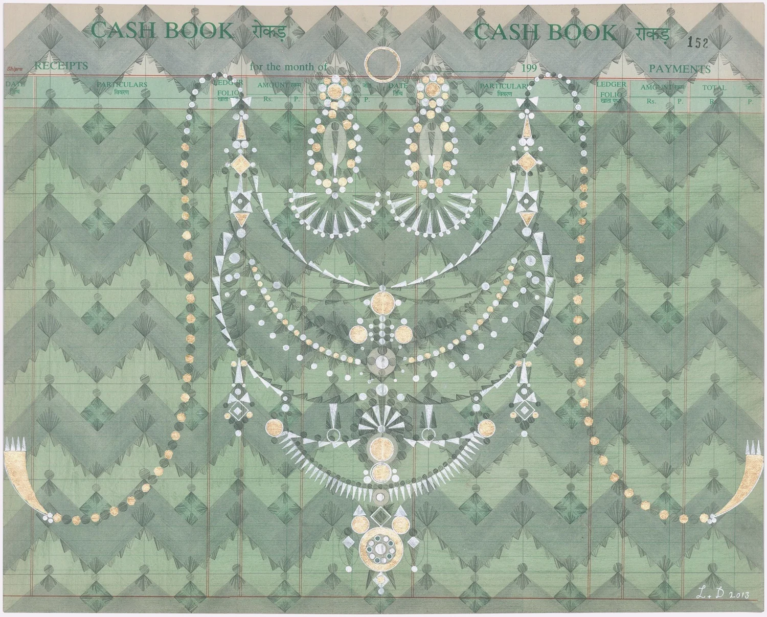 Parure, Colored Pencil, Graphite, Gold Leaf on Antique Ledger Book Pages. 12.75 x 16 inches