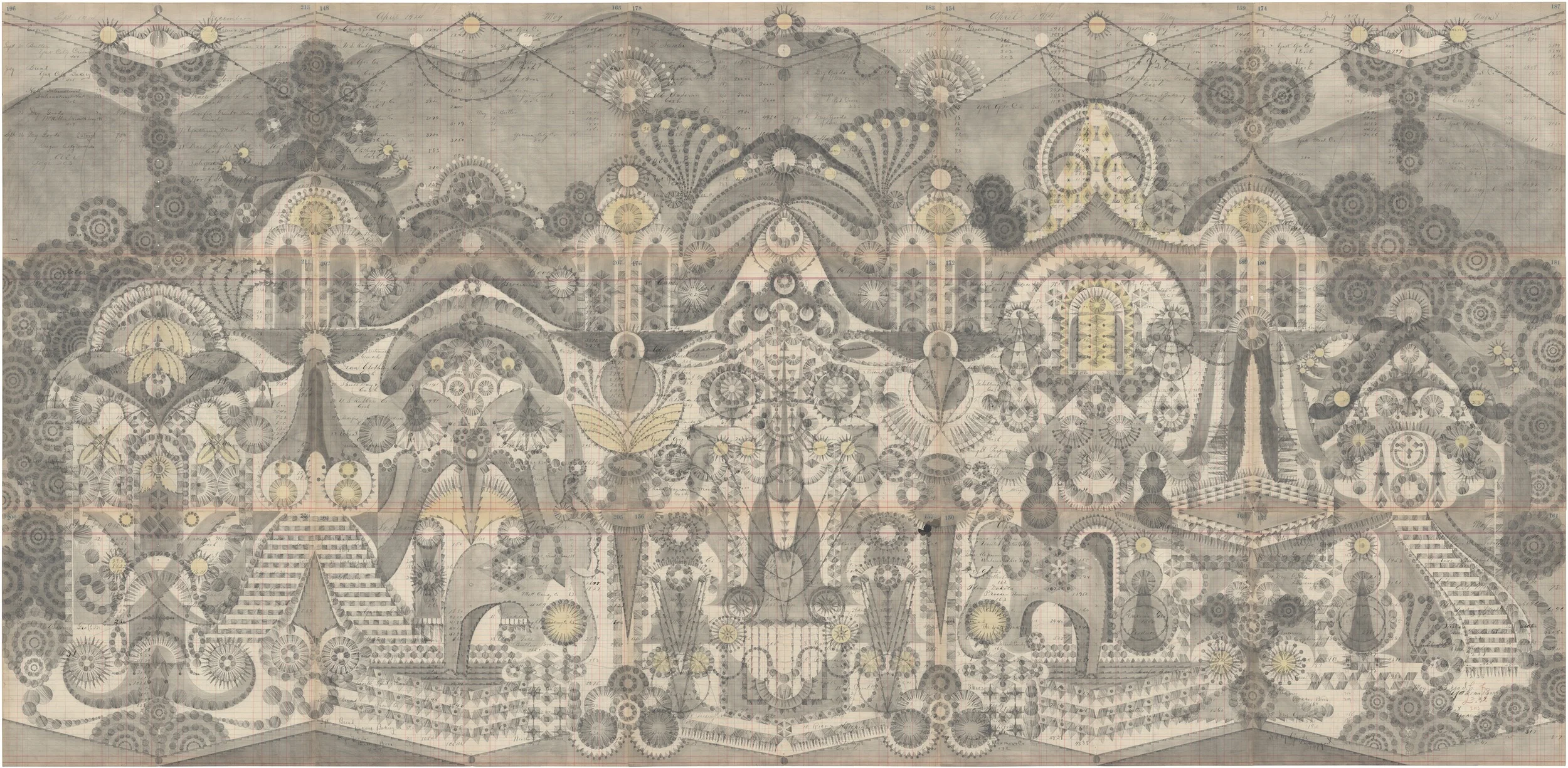 The Feast, Colored Pencil and Graphite on Antique Ledger Book Pages. 40.5 x 82.5 inches