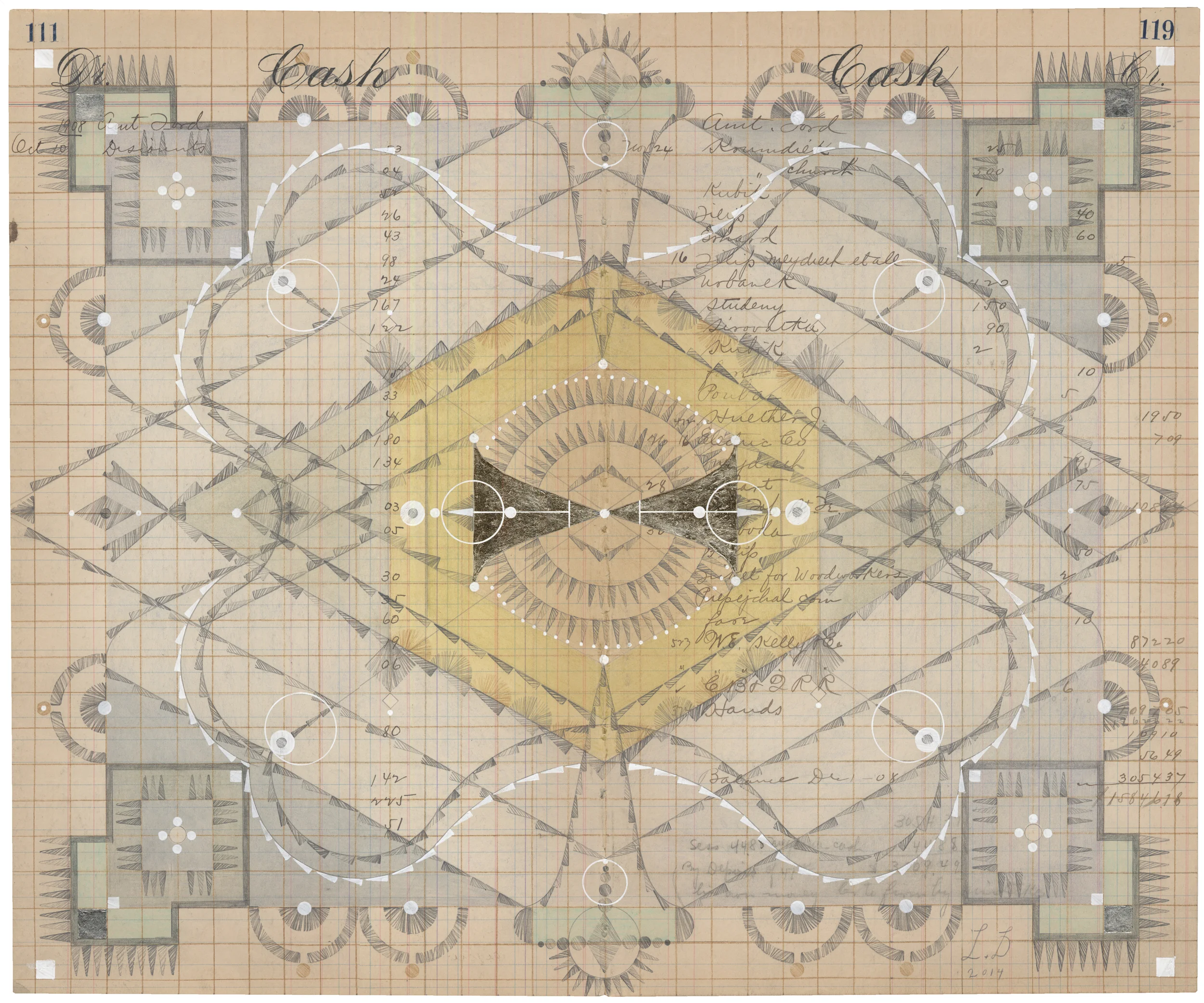 Hive Mind No.14, Swarm, Colored Pencil and Graphite on Antique Ledger Book Pages. 13.75 x 16.75 inches