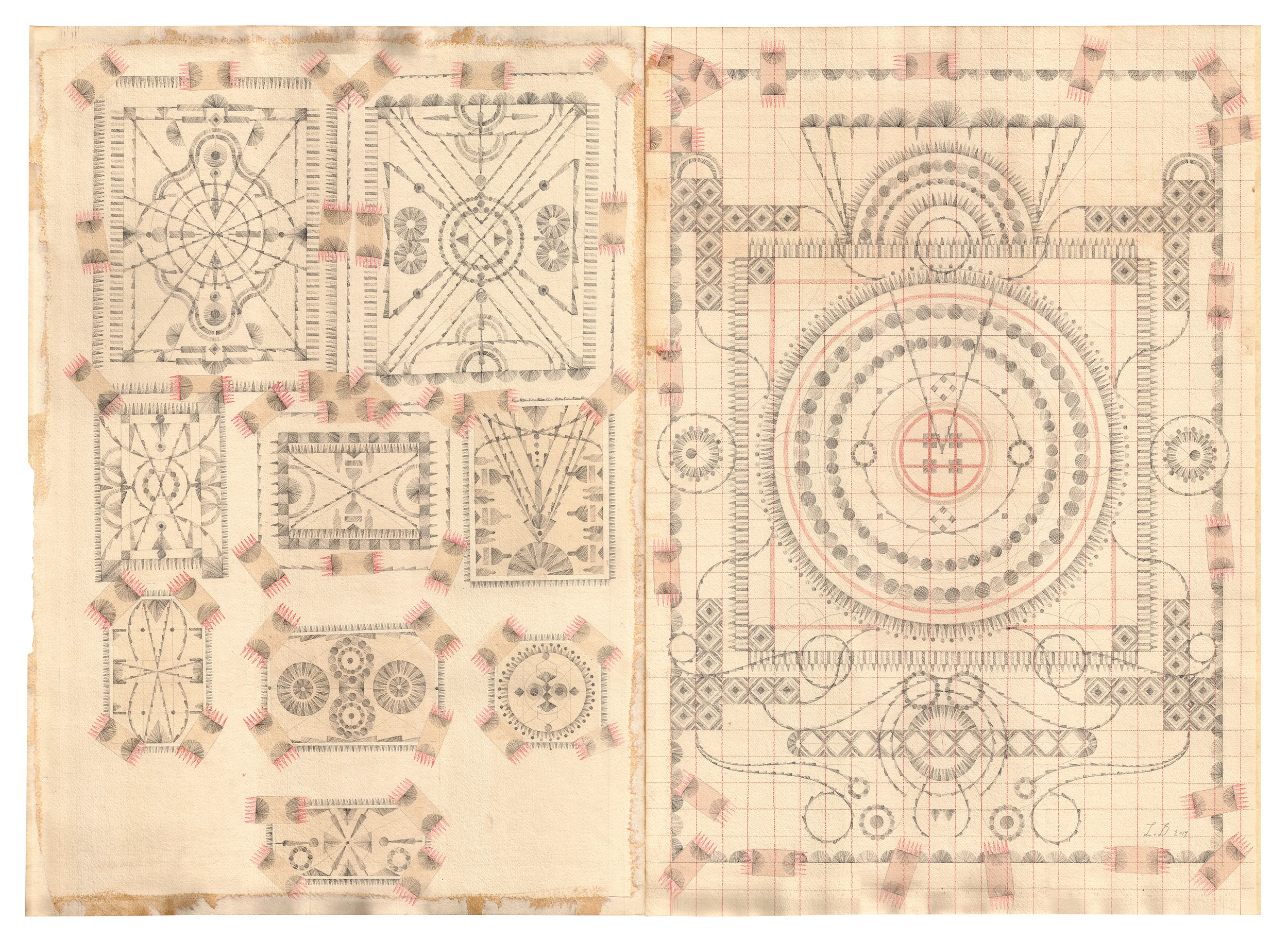 Volcanic Centers, Colored Pencil and Graphite on Antique Ledger Book Pages. 33 7/8 x 47 5/8 inches