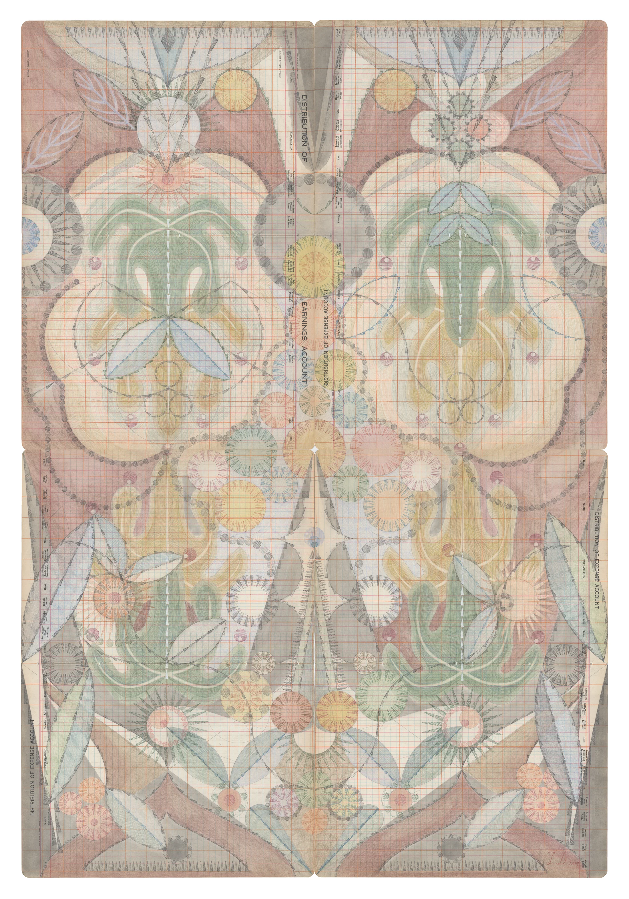 Offering in Appeasement, Colored Pencil and Graphite on Antique Ledger Book Pages. 41 1/2 x 28 1/4 inches. 