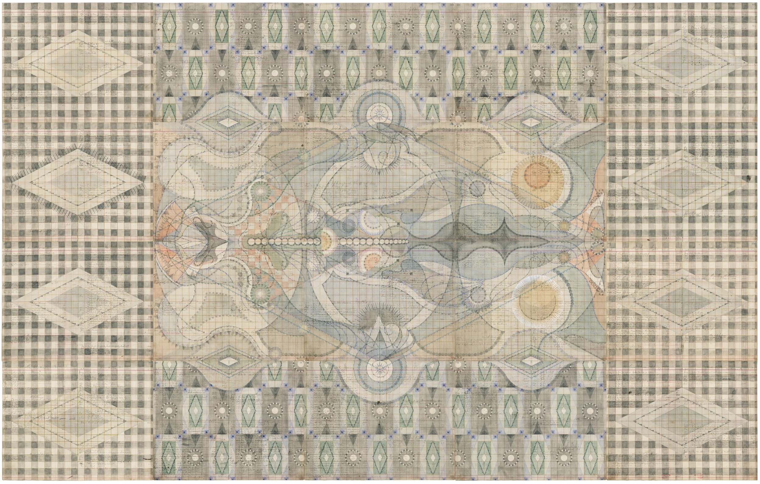 Breath Body. Colored Pencil and Graphite on Antique Ledger Book Pages. 71 1/2 x 68 1/2