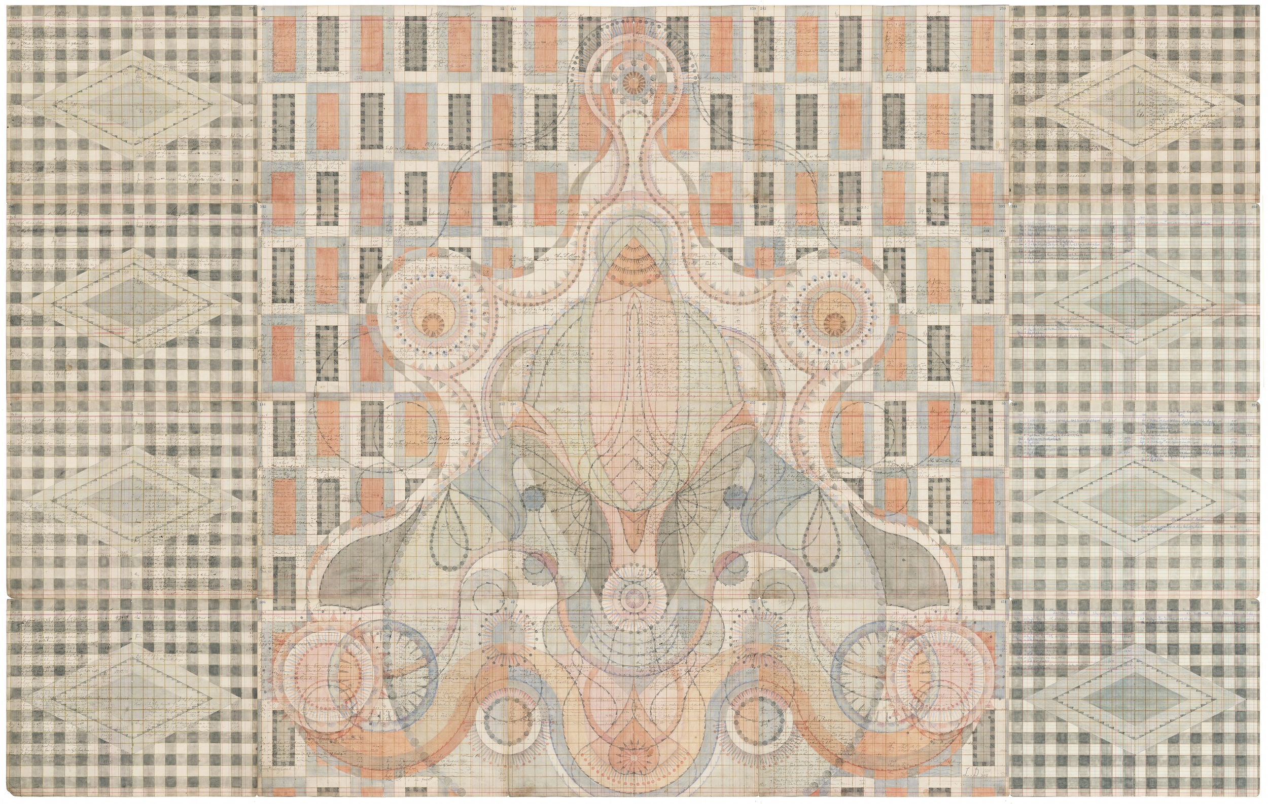 Creation. Colored Pencil and Graphite on Antique Ledger Book Pages. 71 1/2 x 68 1/2