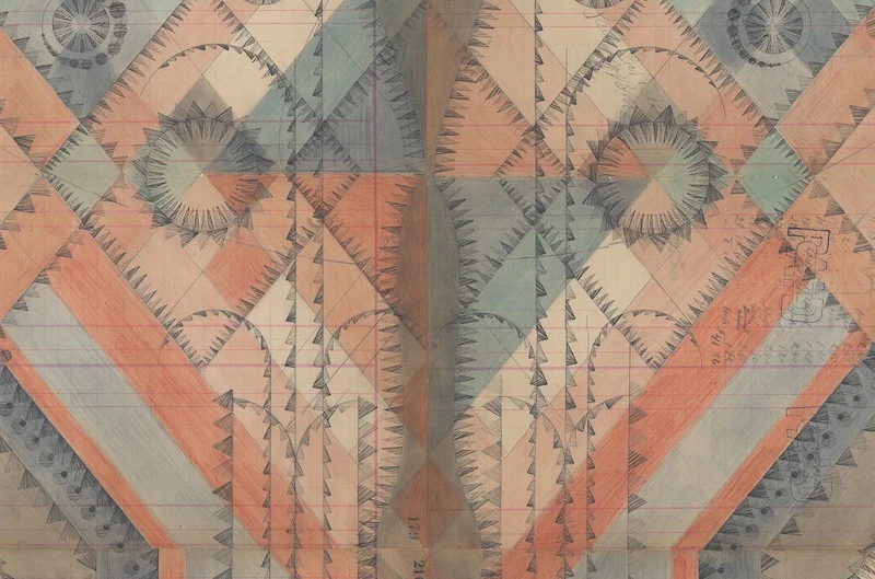 DETAIL of Jester With Crow, Colored Pencil and Graphite on Antique Ledger Book Pages. 82.5 x 54