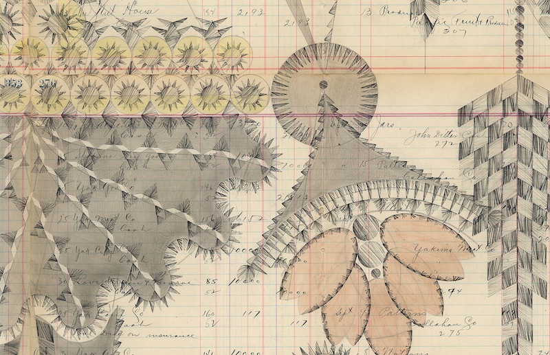DETAIL of Couple With Clock Tower, Colored Pencil and Graphite on Antique Ledger Book Pages. 55 x 50.5 inches
