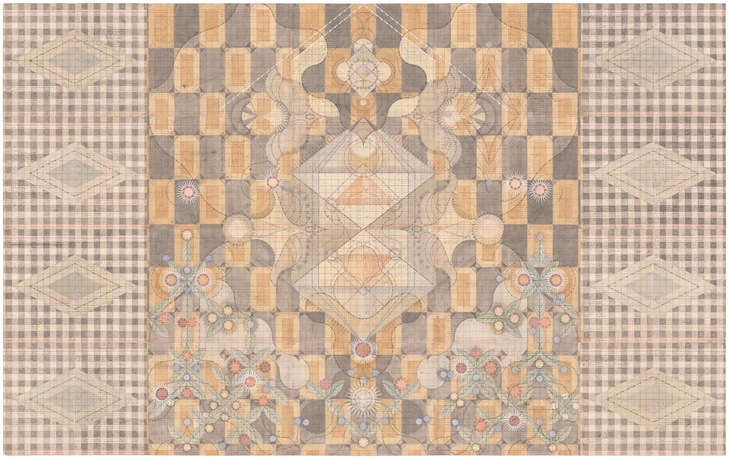 Source. Colored Pencil and Graphite on Antique Ledger Book Pages. 71 1/2 x 68 1/2