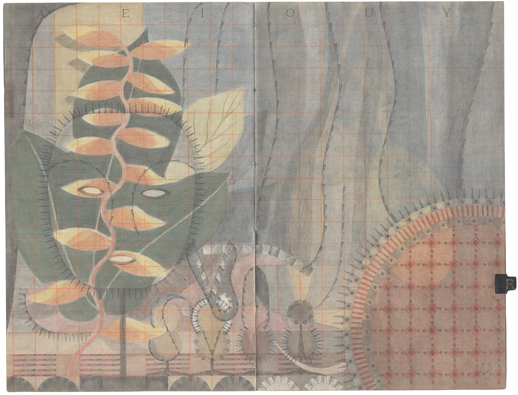 Heliconia Mask, Colored Pencil and Graphite on Antique Ledger Book Pages. 18 x 23 inches