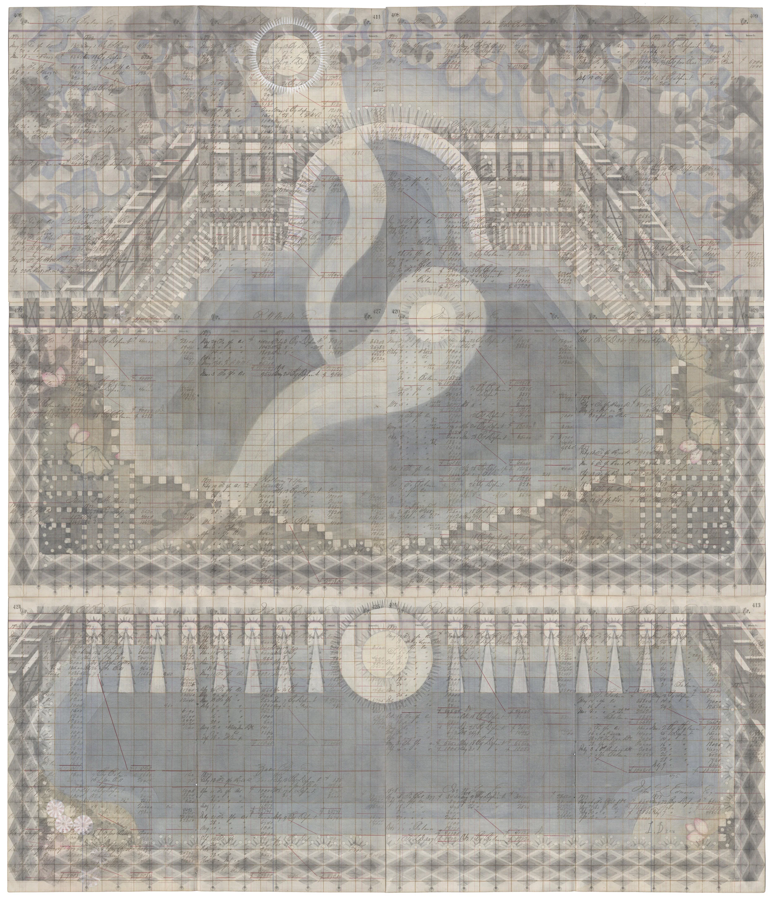 Water Temple, Colored Pencil and Graphite on Antique Ledger Book Pages. 55.5 x 47 inches
