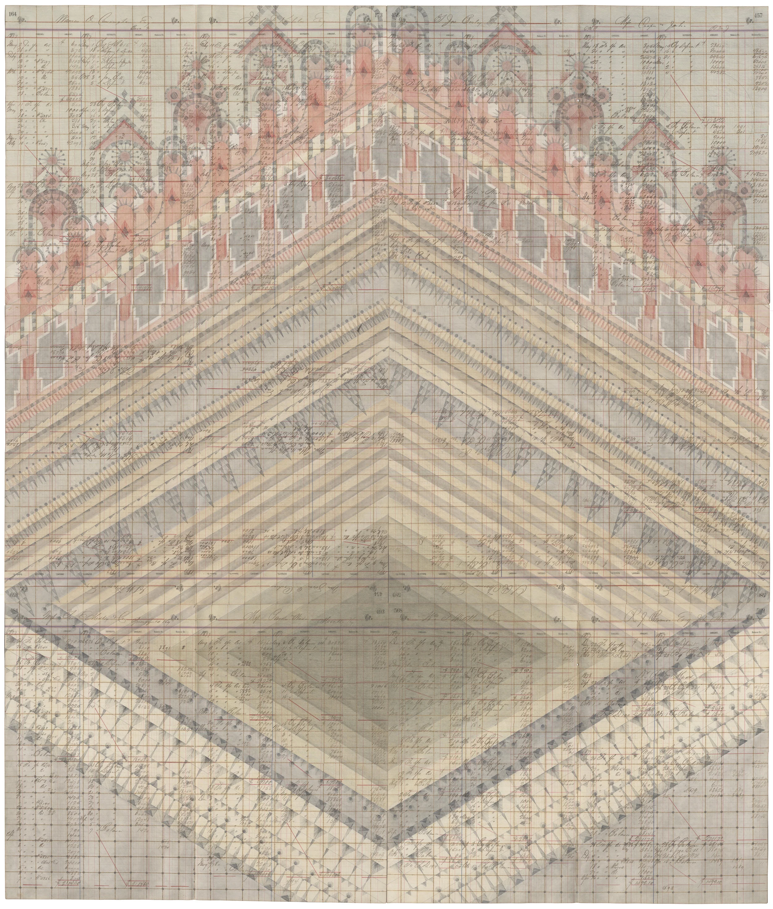 Diamond Stepwell, Colored Pencil and Graphite on Antique Ledger Book Pages. 55.5 x 47 inches