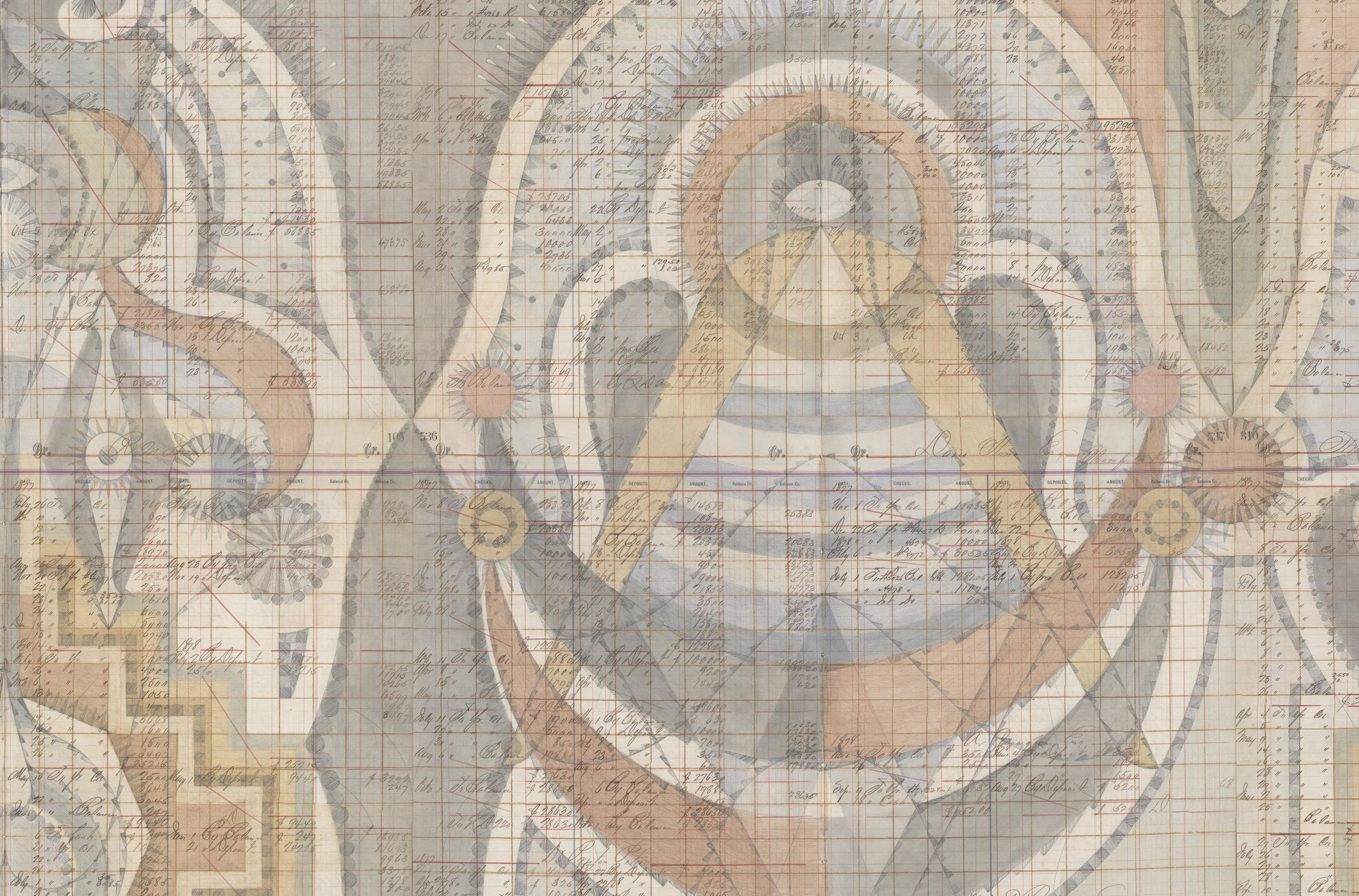 DETAIL of Stepwell Figures, Colored Pencil and Graphite on Antique Ledger Book Pages. 78 x 94.5 inches