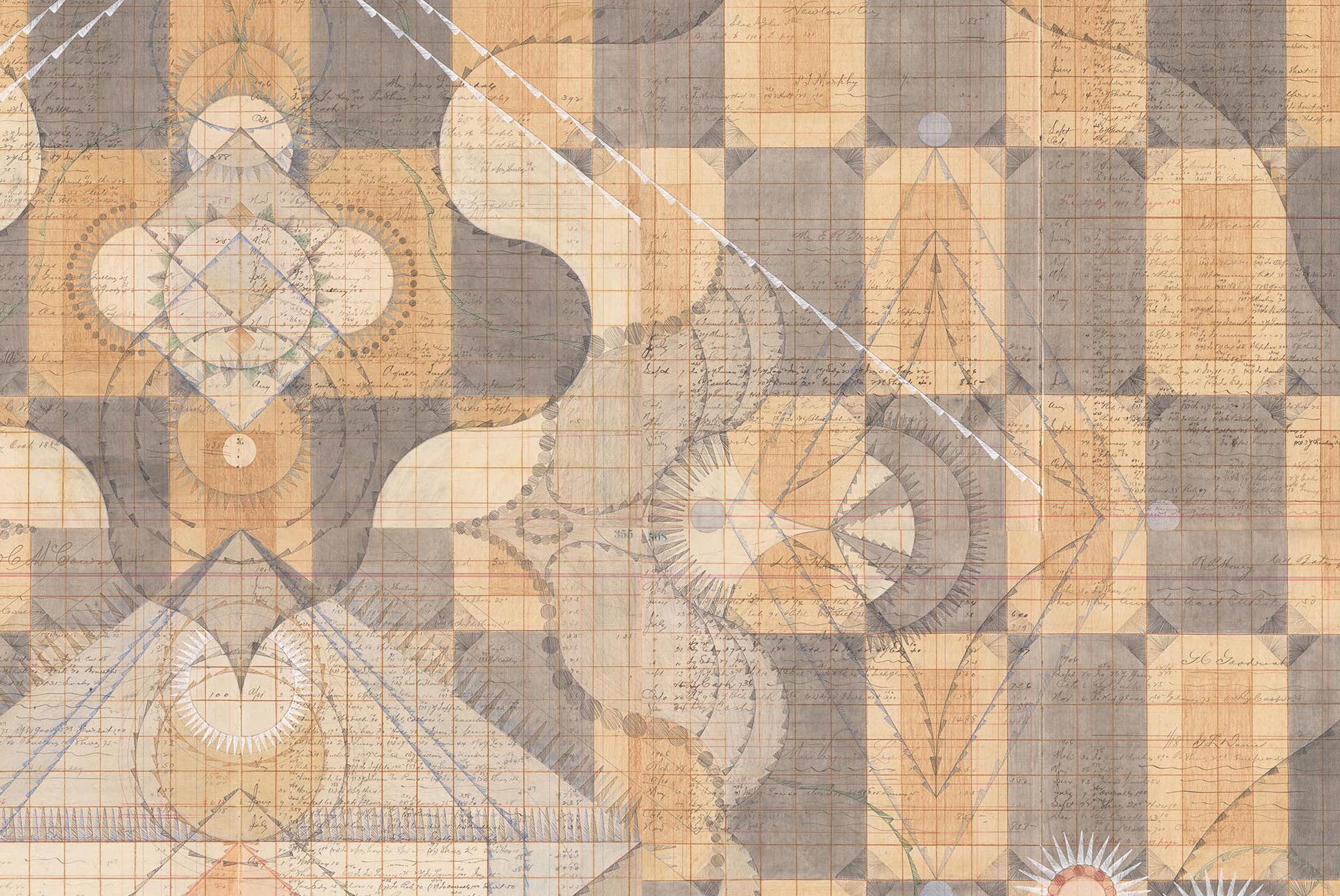 DETAIL of Source. Colored Pencil and Graphite on Antique Ledger Book Pages. 71 1/2 x 68 1/2