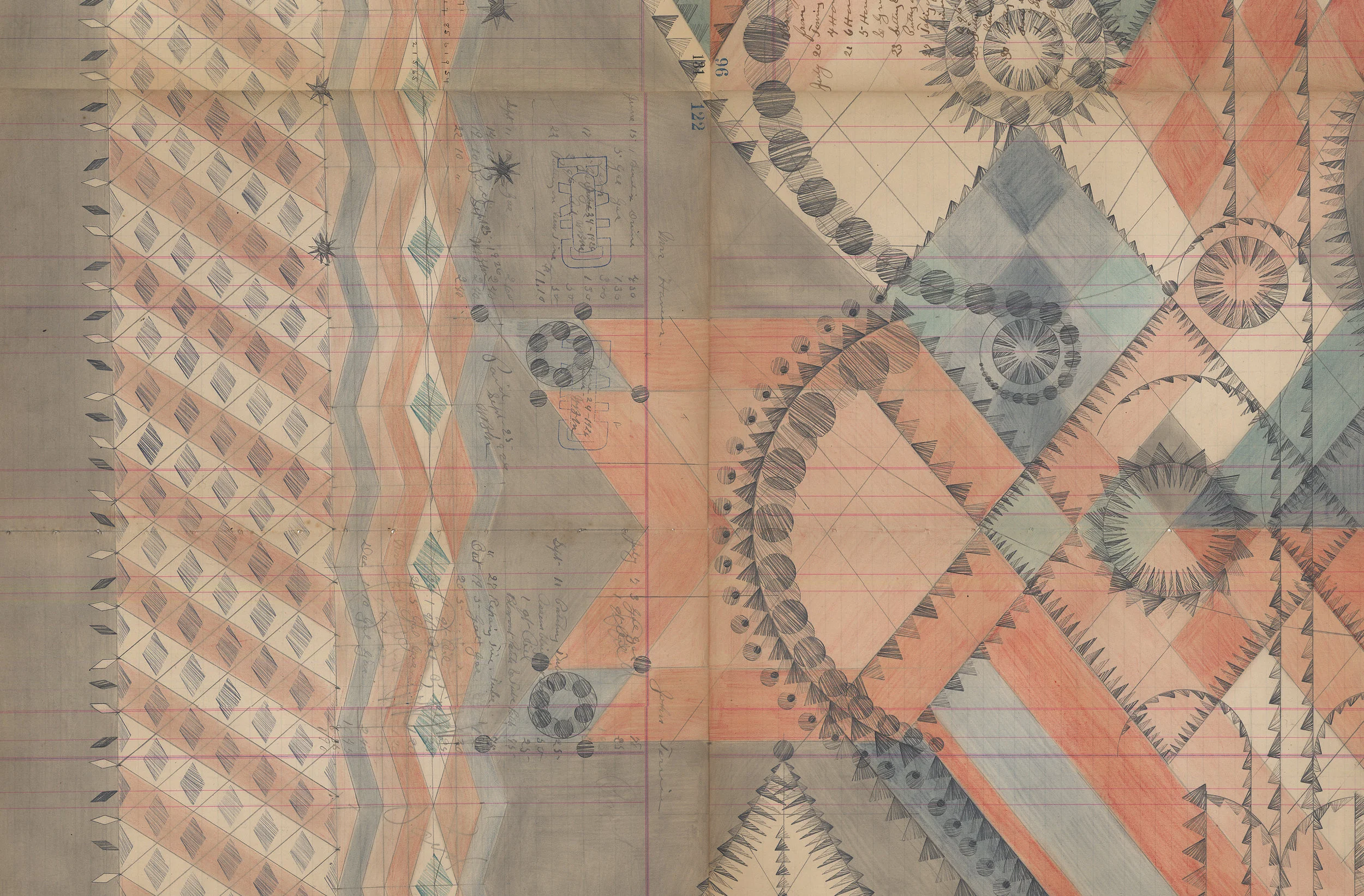 DETAIL of Jester With Crow, Colored Pencil and Graphite on Antique Ledger Book Pages. 82.5 x 54 
