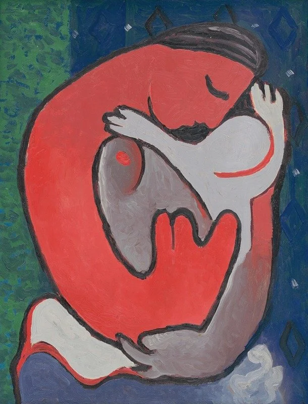 An abstract painting of a red and gray figure embracing in a hug, with a blue background and green on the left side.