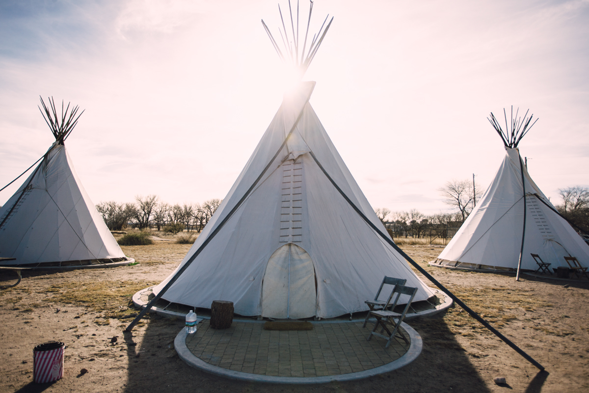 I had wanted to visit Marfa to see El Cosmico for years! It is a hotel, but I think compound is a better word to describe its multiple teepees, canvas tents and restored vintage trailers. The location is just outside of town creating a "I am sleeping in the middle of the desert, cowboy style" feeling. Although, if you lay down under the stars anywhere in West Texas you are going to get that feeling. What sounds dreamier? 