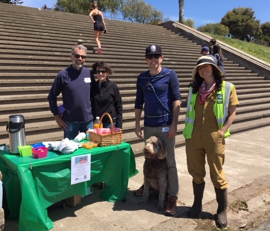 Enjoying refreshments are volunteers Janet and Greg Goff with FOAPP board member Stephen Henry and his dog Posey, along with gardener Emma Theoni.