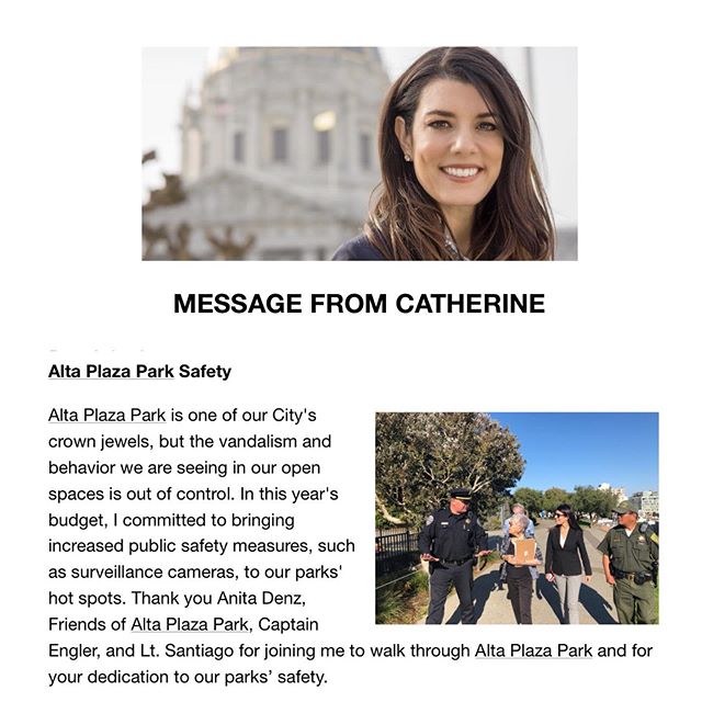 Thank you to @supervisorstefani for her dedication to our parks' safety @alta_plaza_park #altaplazapark