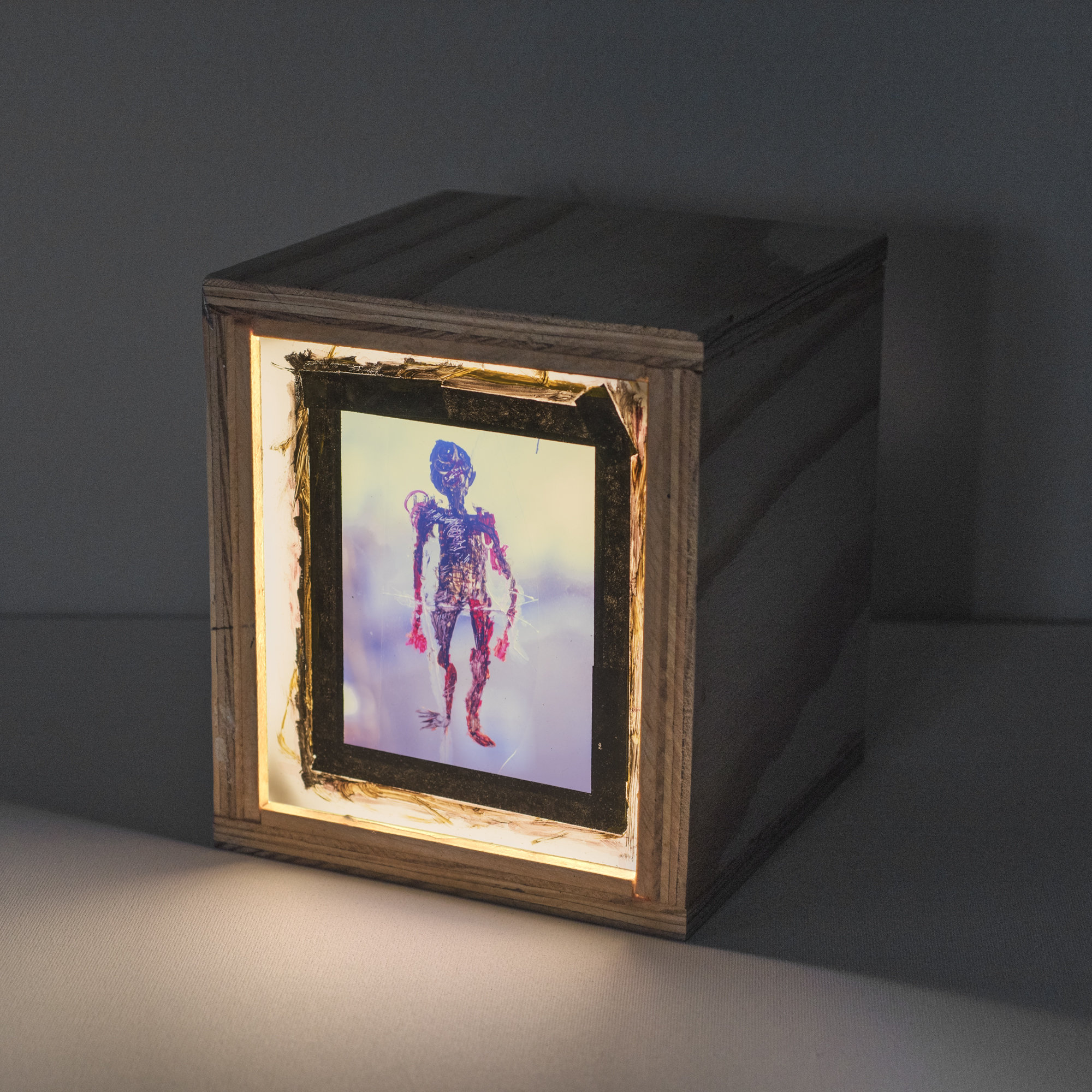 Visitor Dave , 2016 Color Slide Film, Paint, Tape, Plexiglass, Wooden Light Box 