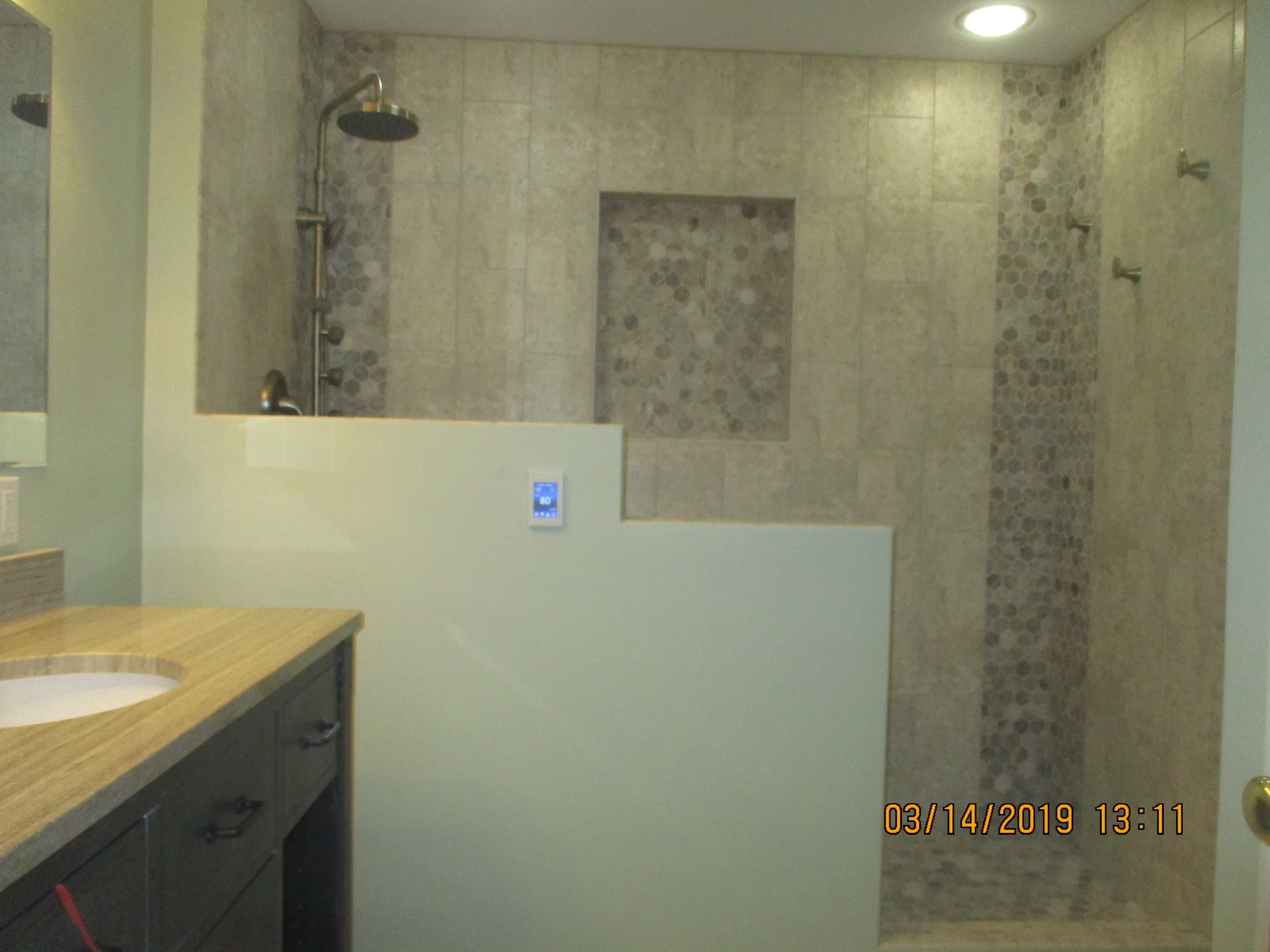 New big custom shower pan, shower wall tile and recessed niche