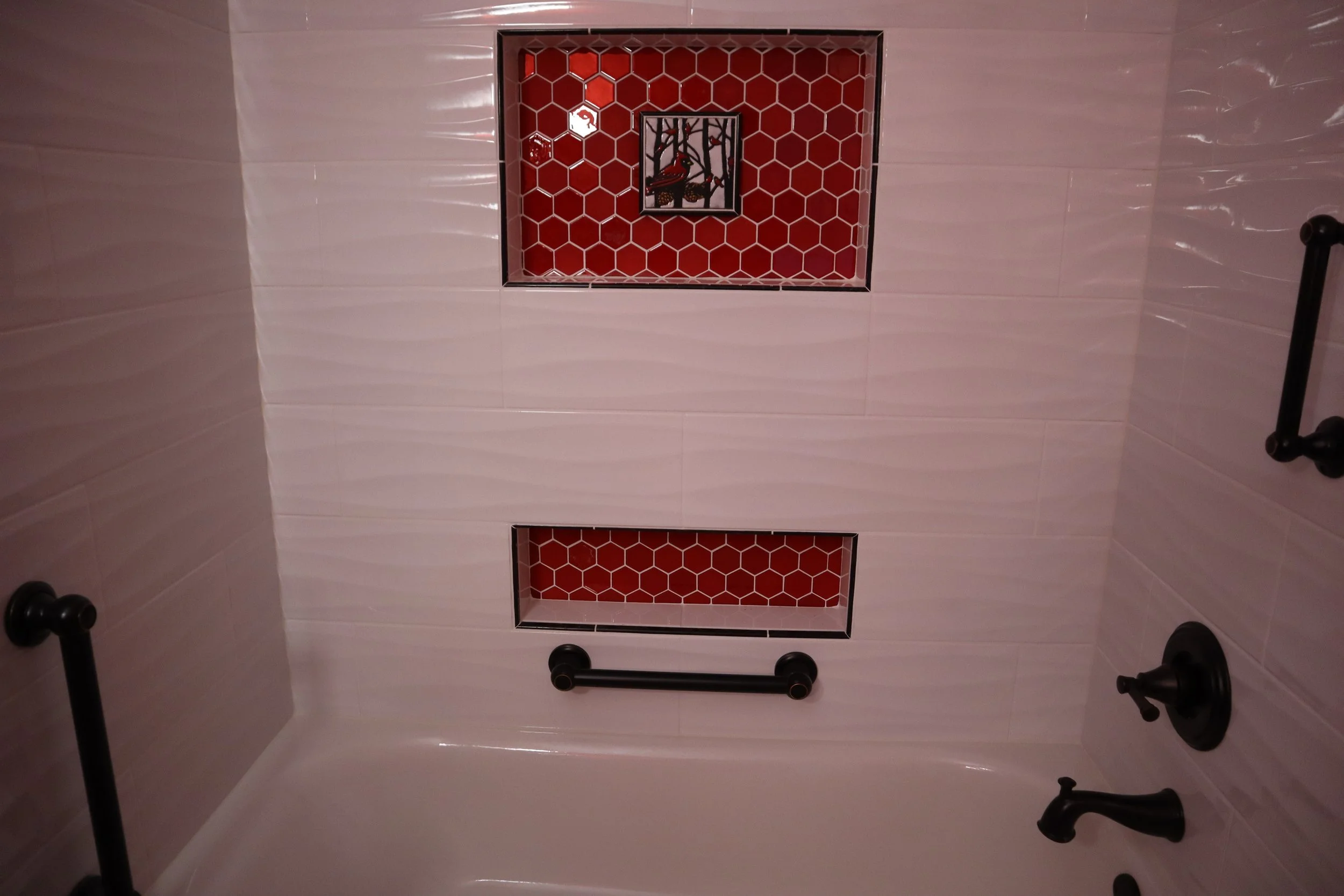 New: 2 recessed niches with a cardinal bird tile in the center of the upper niche